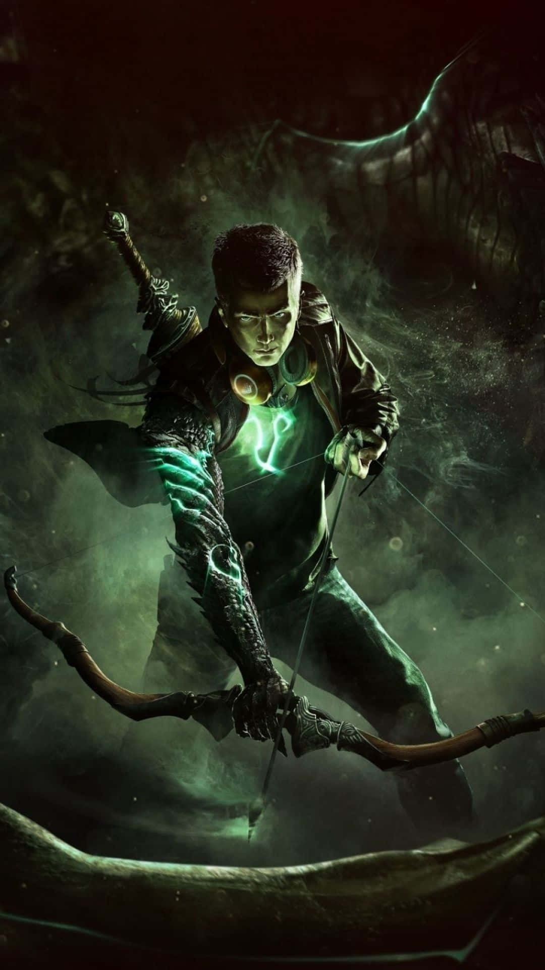 Green Arrow, glowing green runes, dark misty forest, Full HD Phone Wallpaper