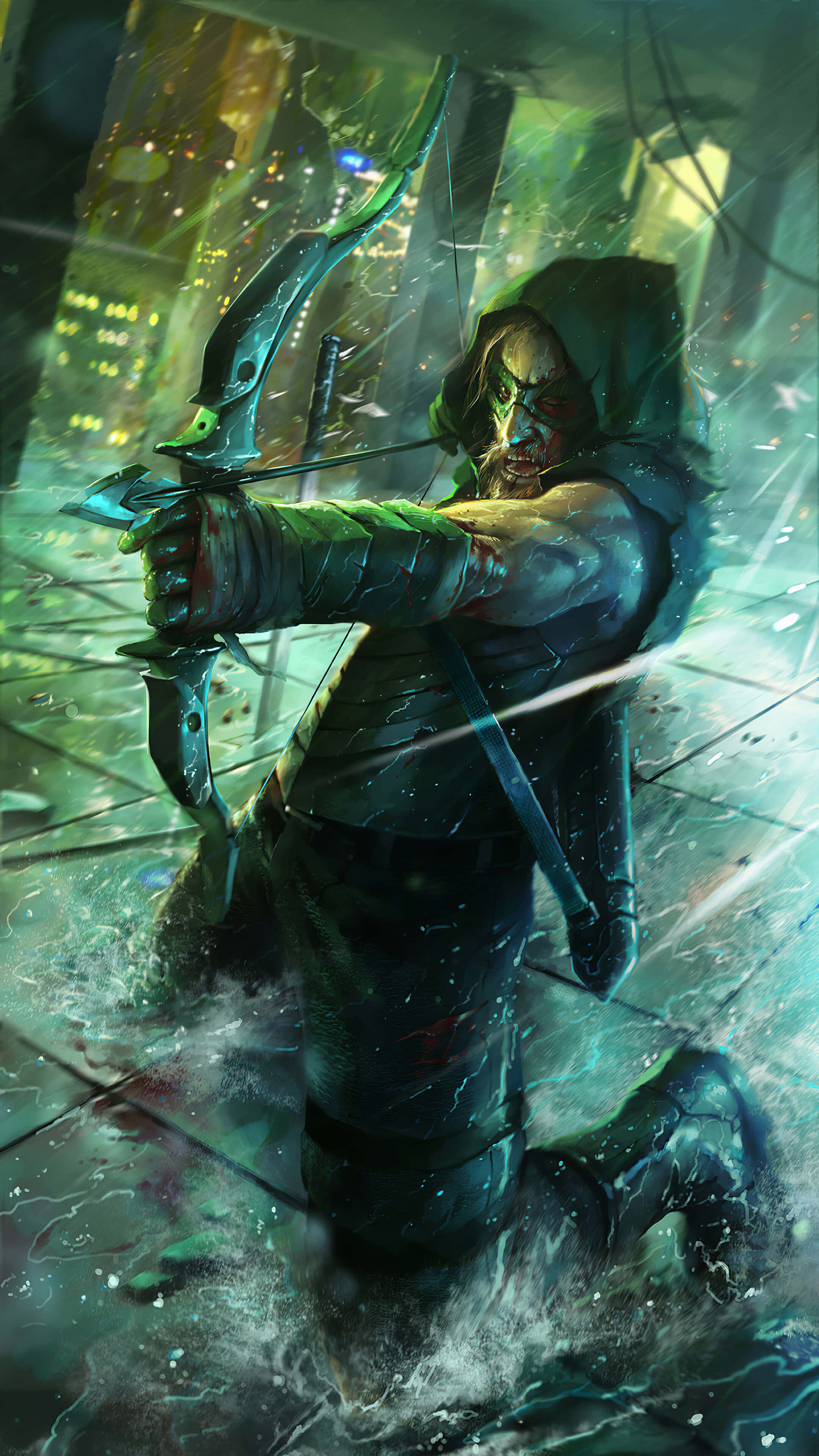 Green Arrow, hooded archer, green face paint, 4K Phone Wallpaper