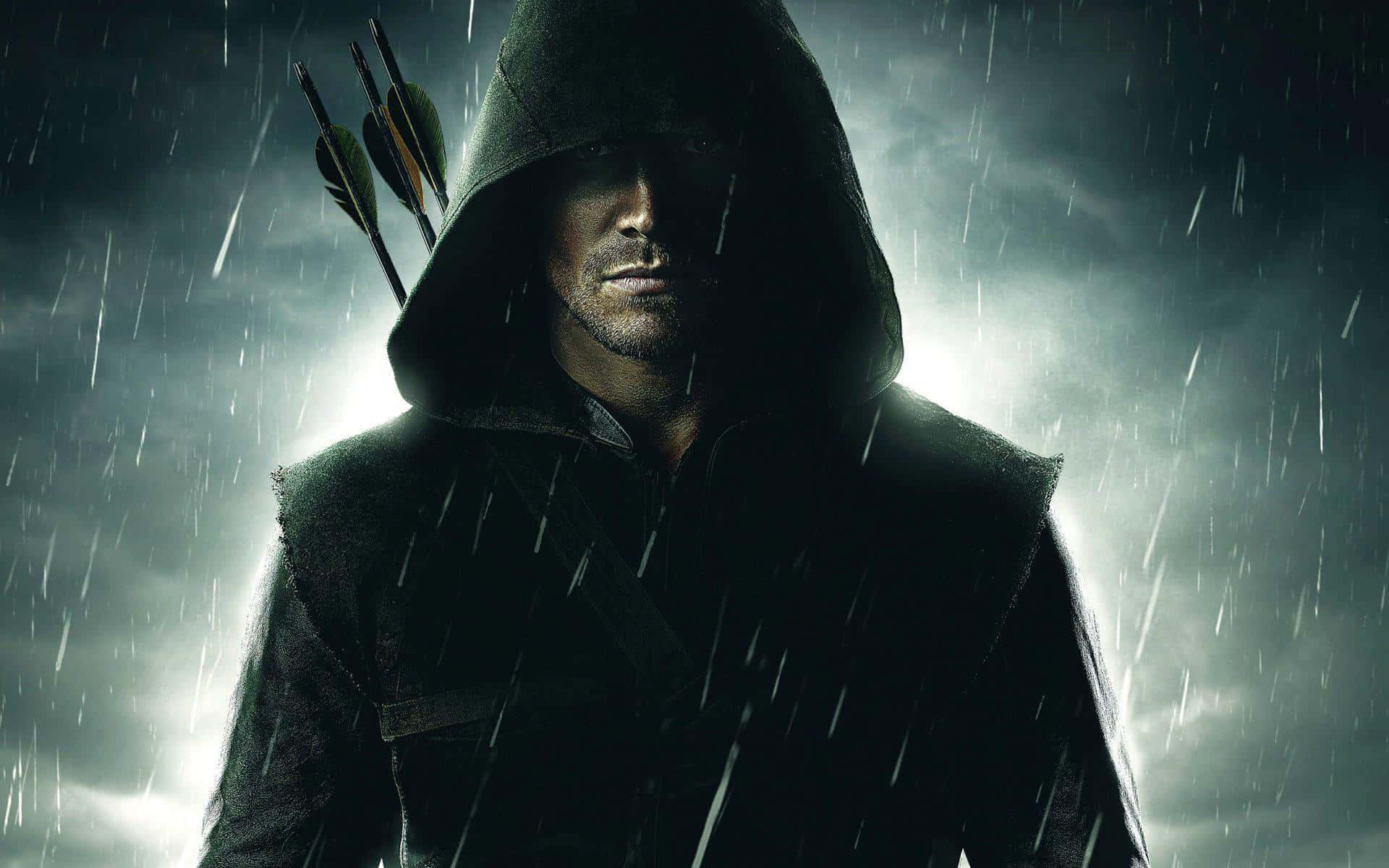 Green Arrow, hooded archer, downpour, Full HD Desktop Wallpaper
