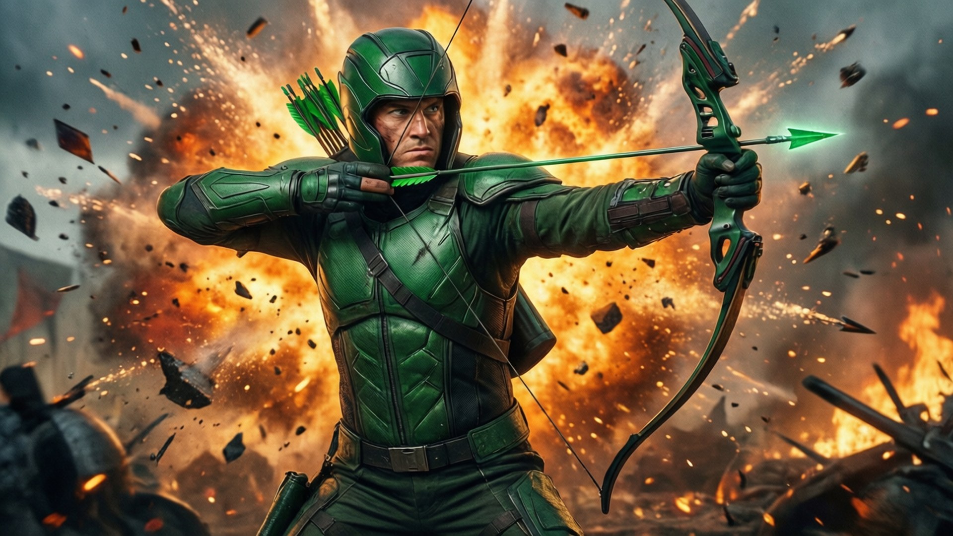 Green arrow, glowing arrow, fiery battlefield, Full HD Desktop Wallpaper