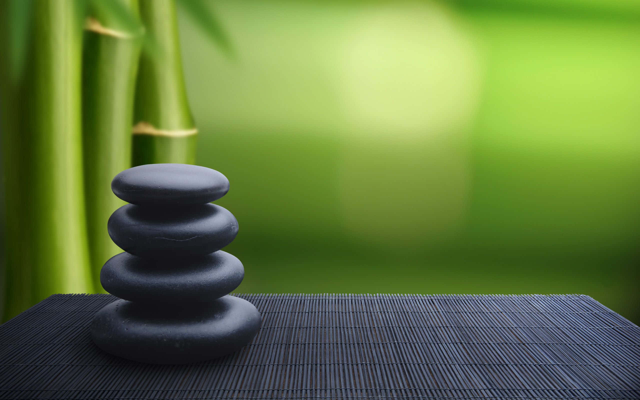 Green Bamboo, black zen stones, dark bamboo mat, 2K Desktop Wallpaper