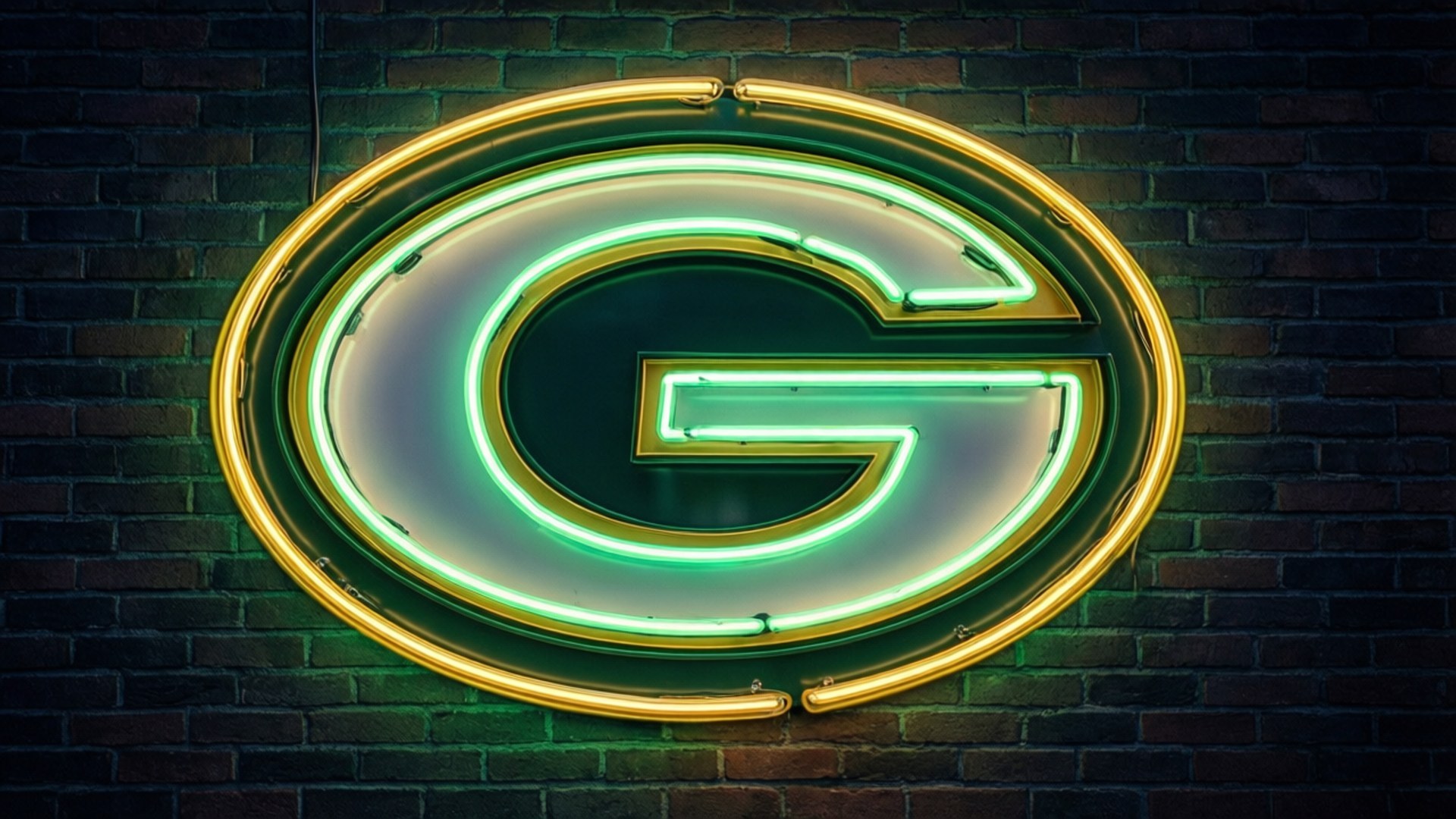 neon sign, capital G, dark brick wall, Full HD Desktop Wallpaper