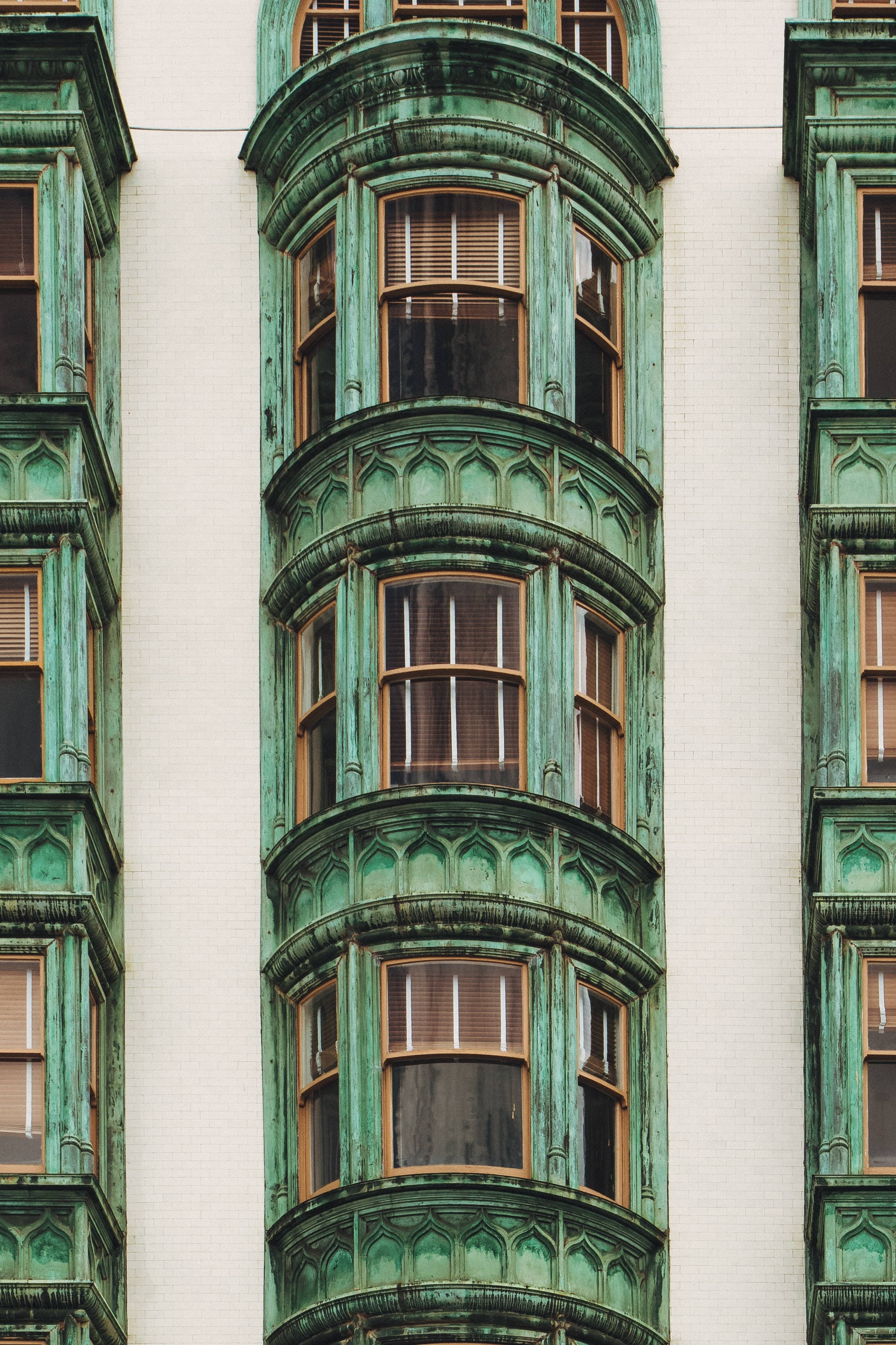 sage green, copper bay window, white brick building, 2K Phone Wallpaper