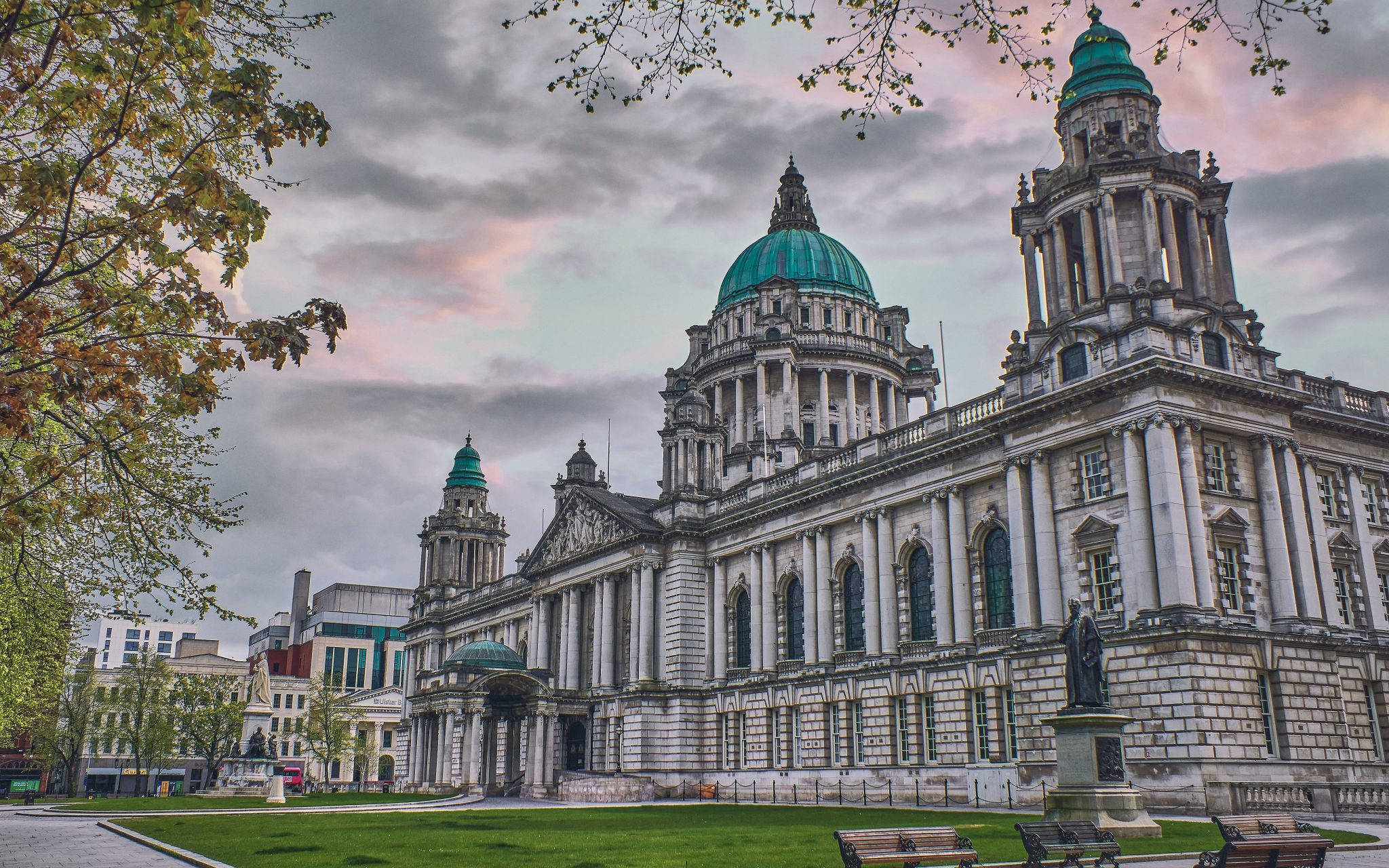 Grand neoclassical building, green domes, cloudy twilight sky, Full HD Desktop Wallpaper