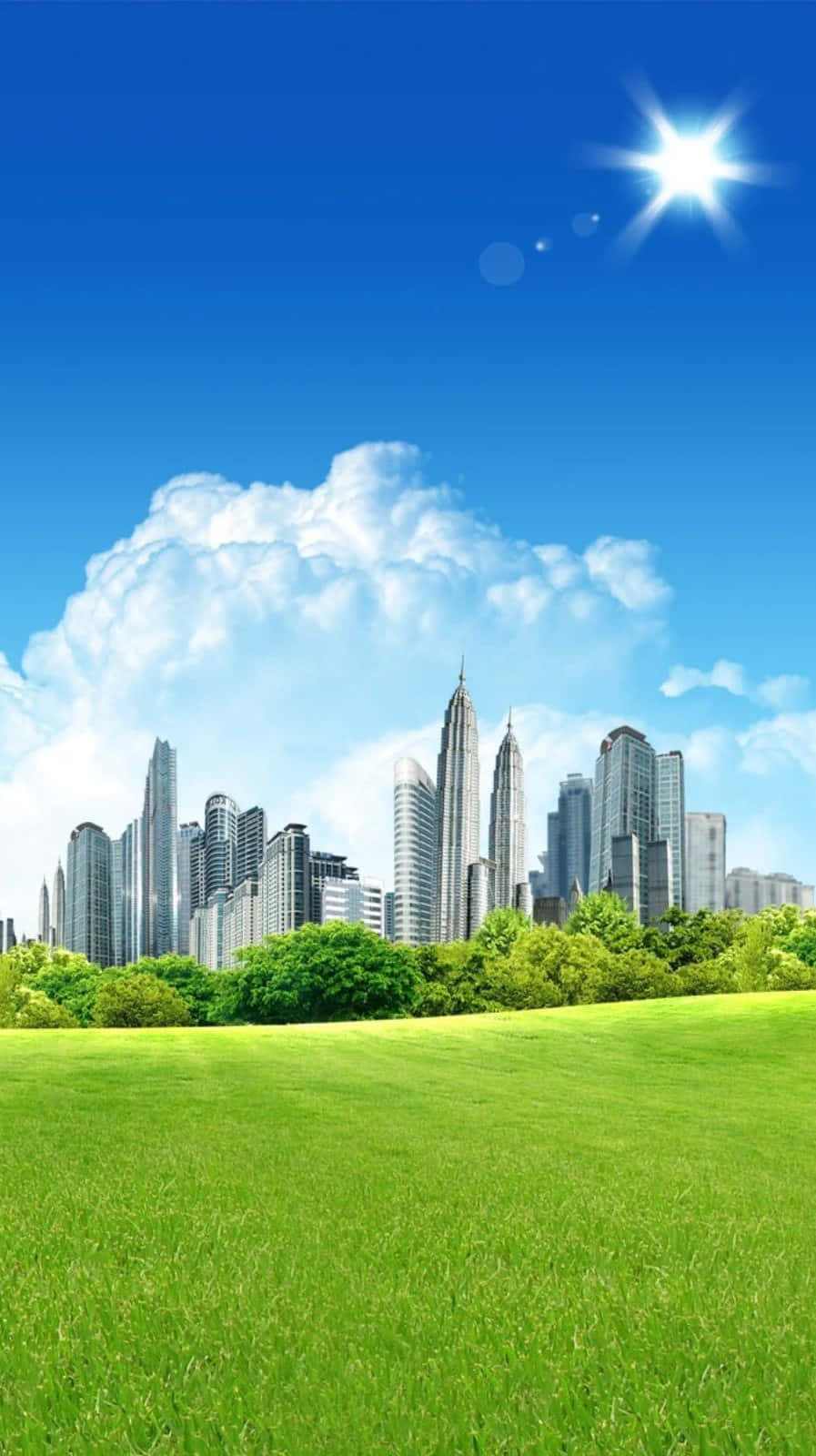 urban greenery skyline, modern city skyline, vibrant green meadow, HD Phone Wallpaper