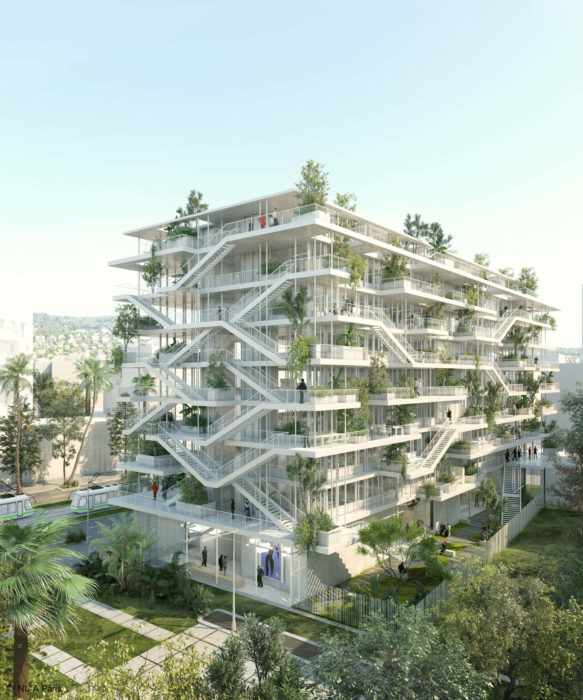 Green Buildings, modern white multi-level building, cascading staircases, Full HD Phone Wallpaper