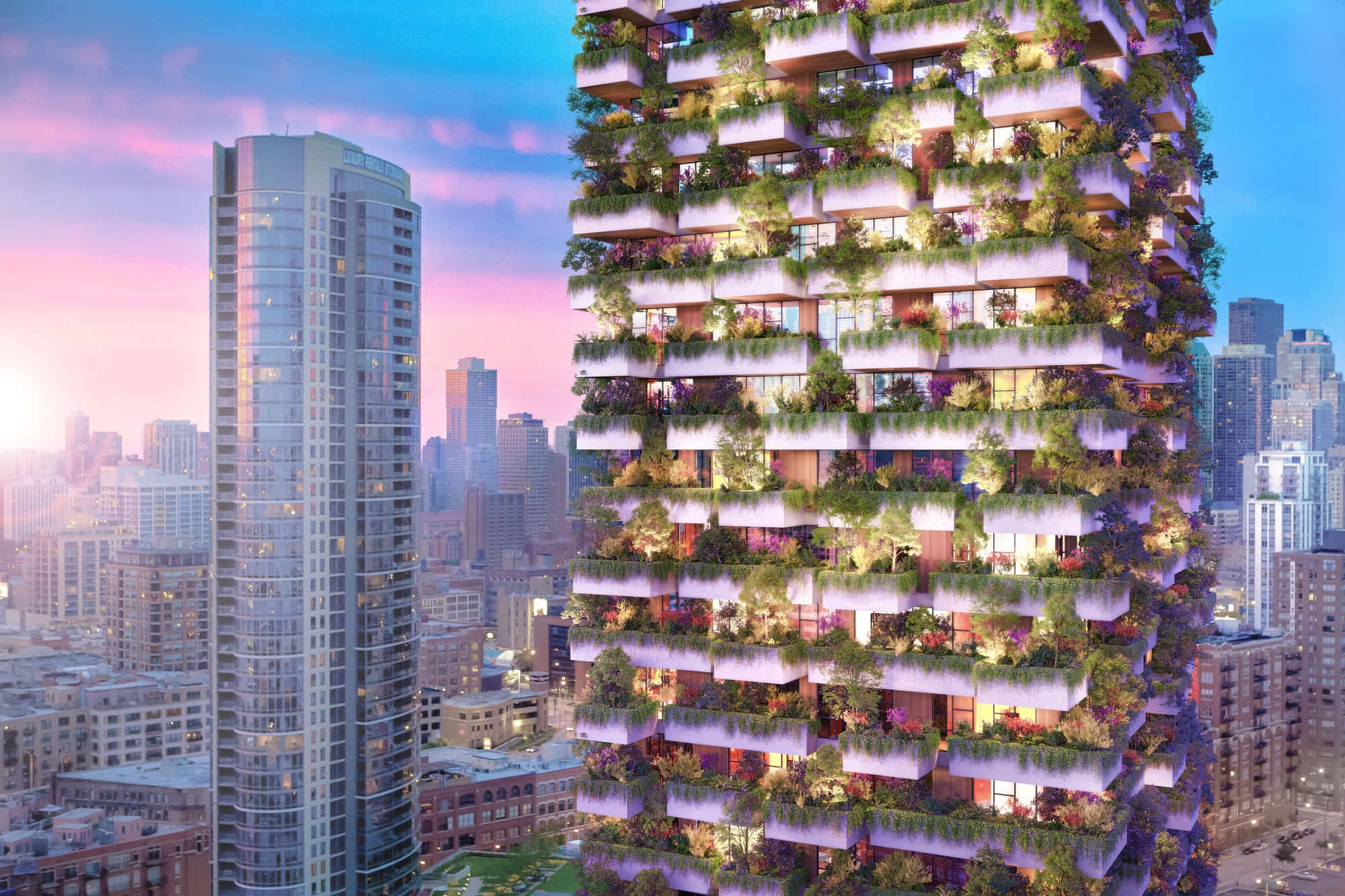 Green Buildings, futuristic skyscraper, lush greenery, Full HD Desktop Wallpaper
