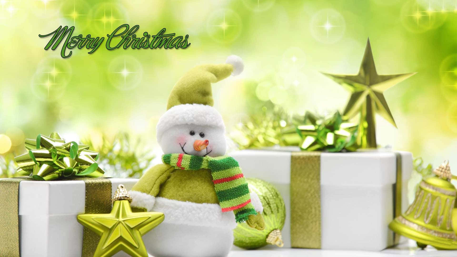 Green Christmas, snowman, green hat, Full HD Desktop Wallpaper