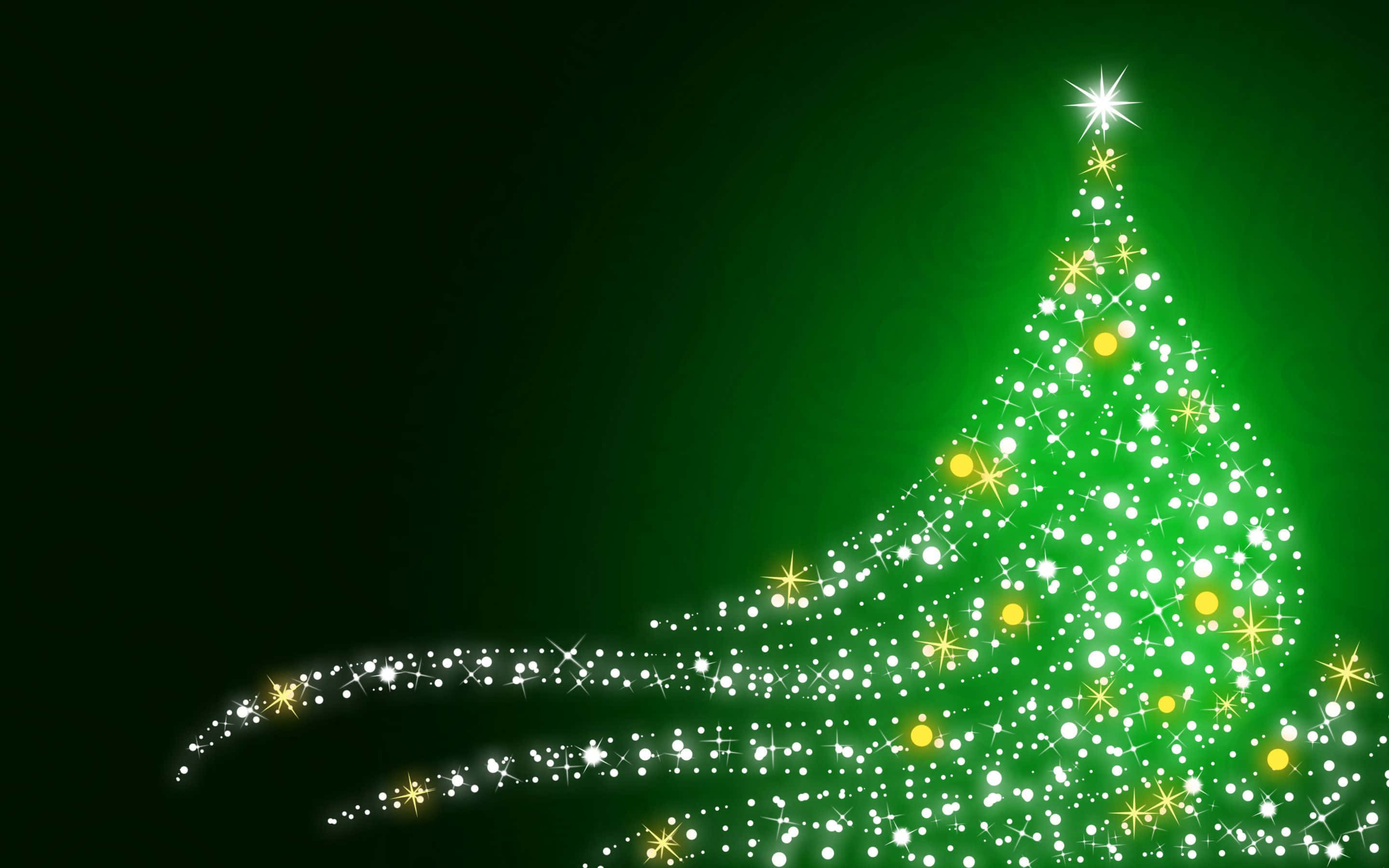 Green Christmas, glowing green Christmas tree, sparkling white and yellow lights, 2K Desktop Wallpaper
