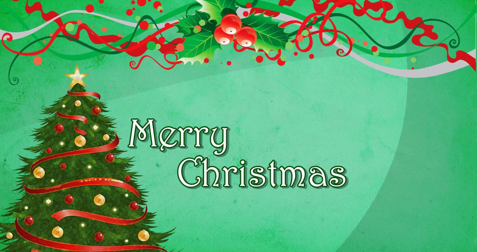 Green Christmas, red ribbons, gold ornaments, Full HD Desktop Wallpaper