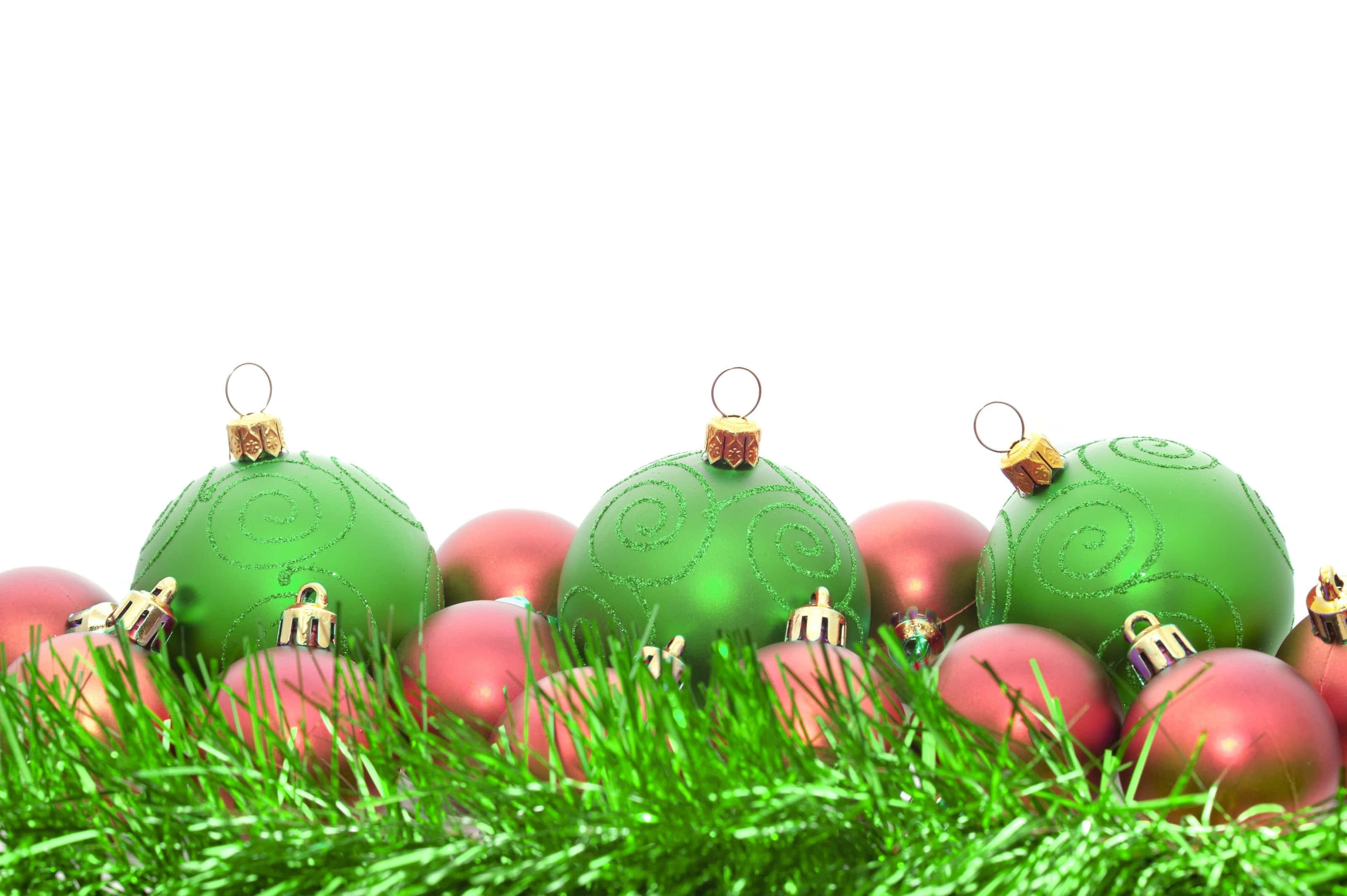 Green Christmas, green grass, Christmas ornaments, 2K Desktop Wallpaper