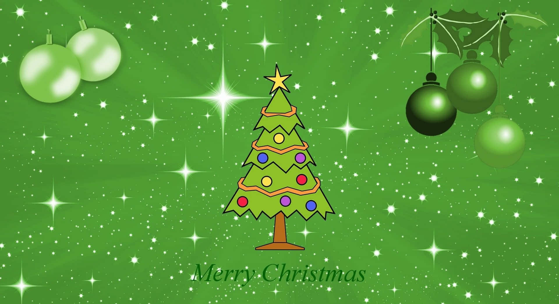 Green Christmas, cartoon Christmas tree, colorful ornaments, Full HD Desktop Wallpaper