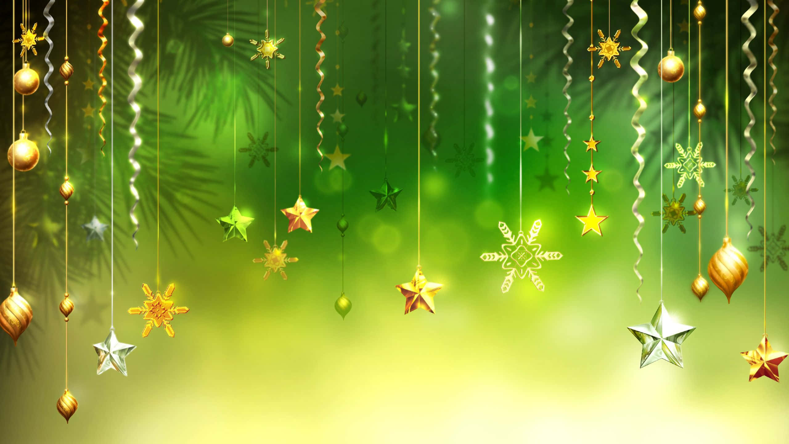 green christmas, gold stars, green leaves, 2K Desktop Wallpaper