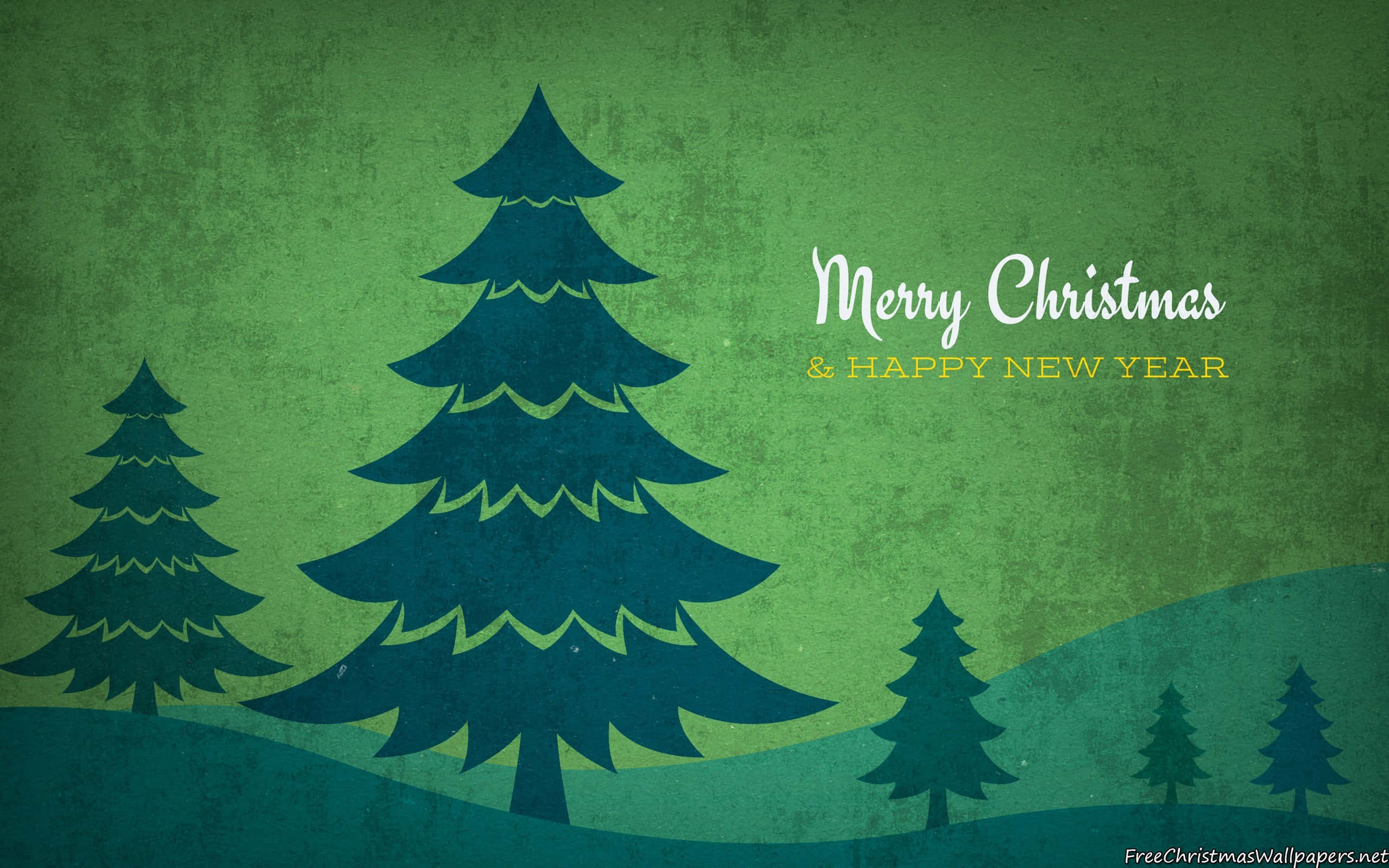Green Vintage Christmas, Dark blue pine trees, textured green background, 2K Desktop Wallpaper