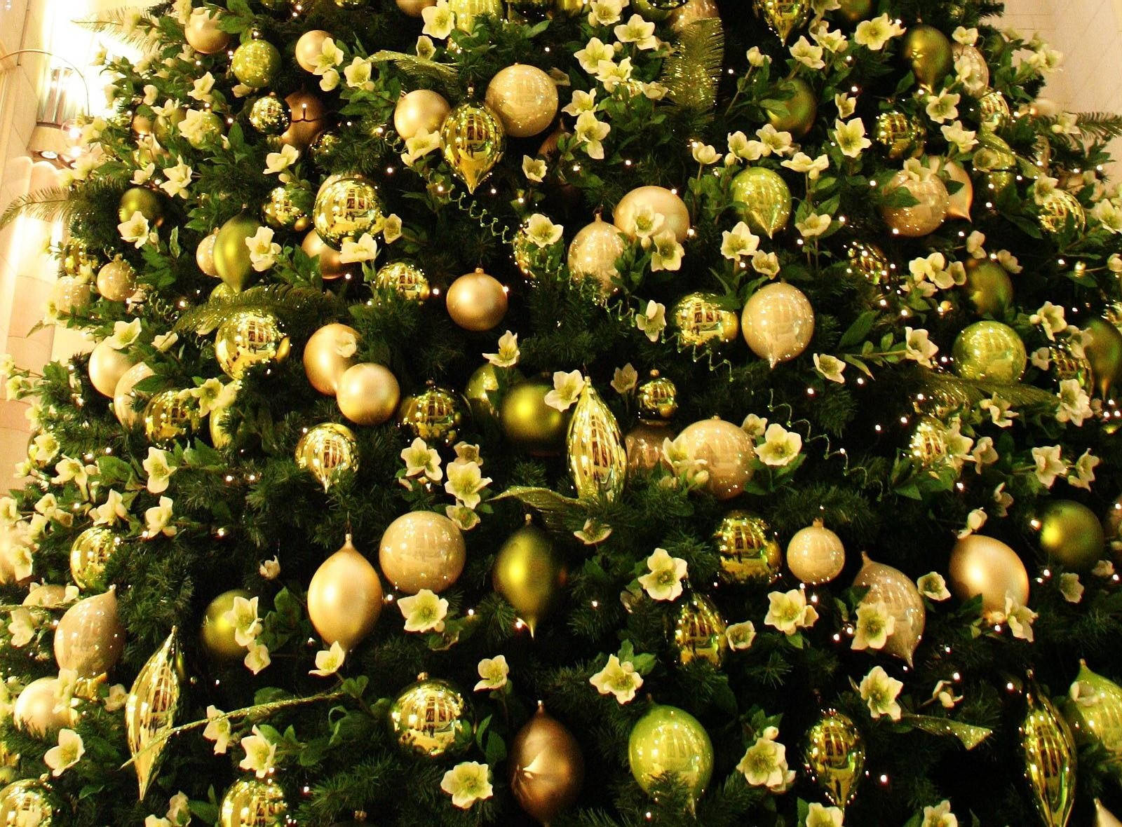Green Christmas tree, shimmering gold ornaments, delicate white flowers, HD Desktop Wallpaper