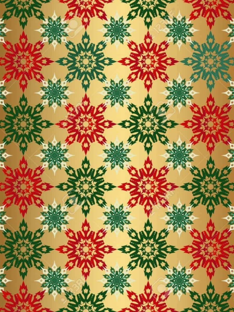 red and green christmas, snowflake patterns, golden background, SD Phone Wallpaper