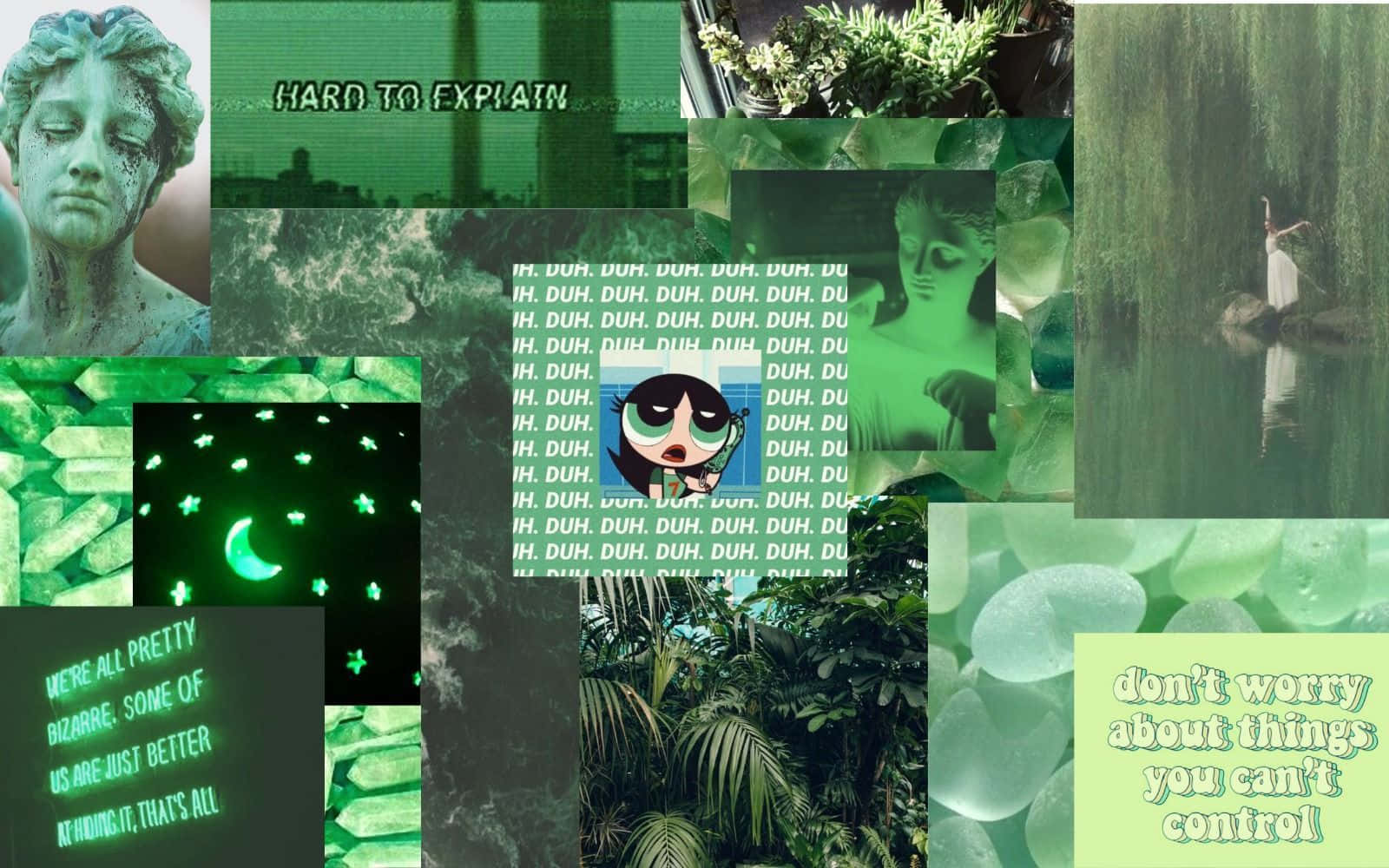 green collage, statue, cartoon character, HD Desktop Wallpaper