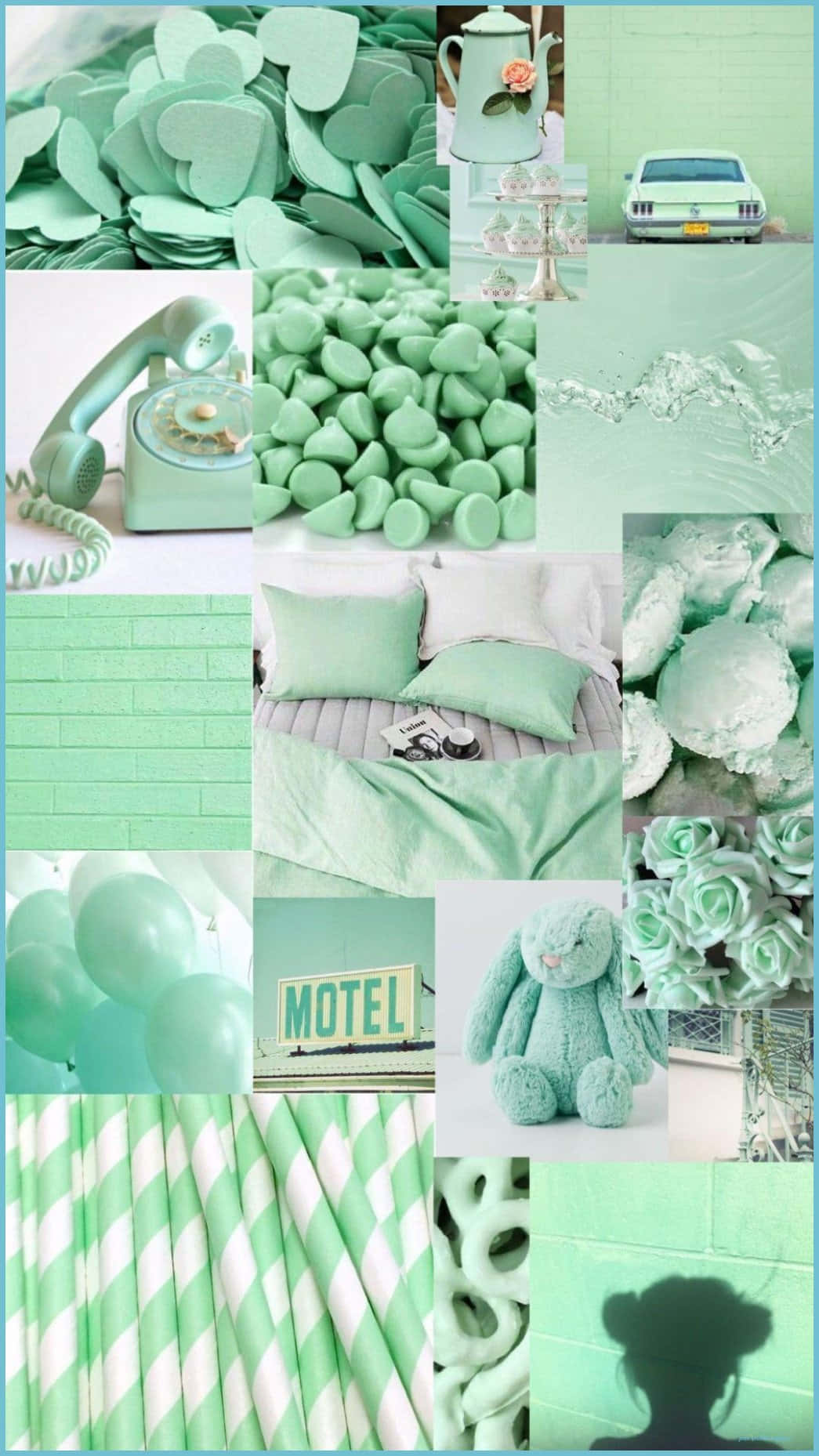 mint green, heart candies, phone balloons, HD Phone Wallpaper