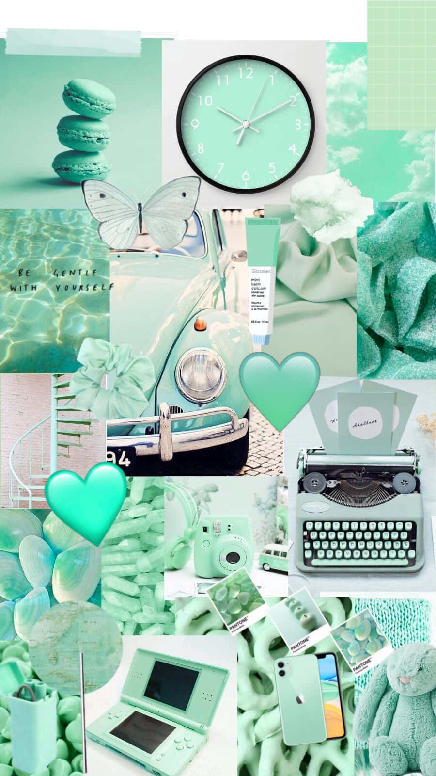 Green Collage, mint green, clock, HD Phone Wallpaper