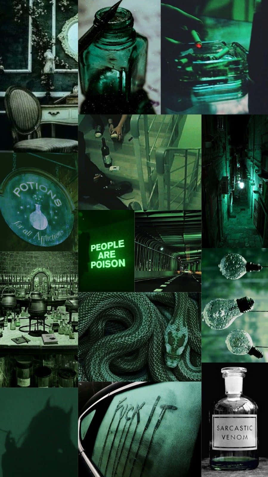 Green Collage, potion bottles, snakes, HD Phone Wallpaper
