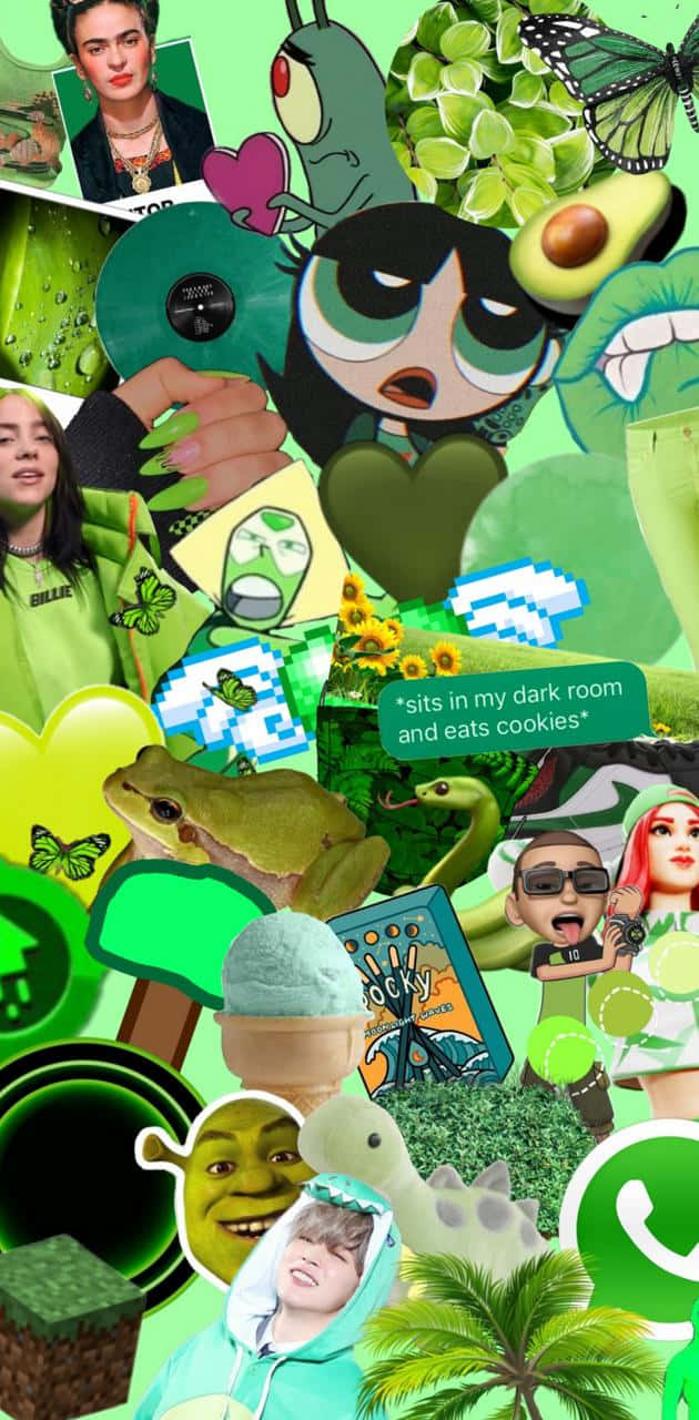 Green Collage, pop culture icons, anime characters, HD Phone Wallpaper