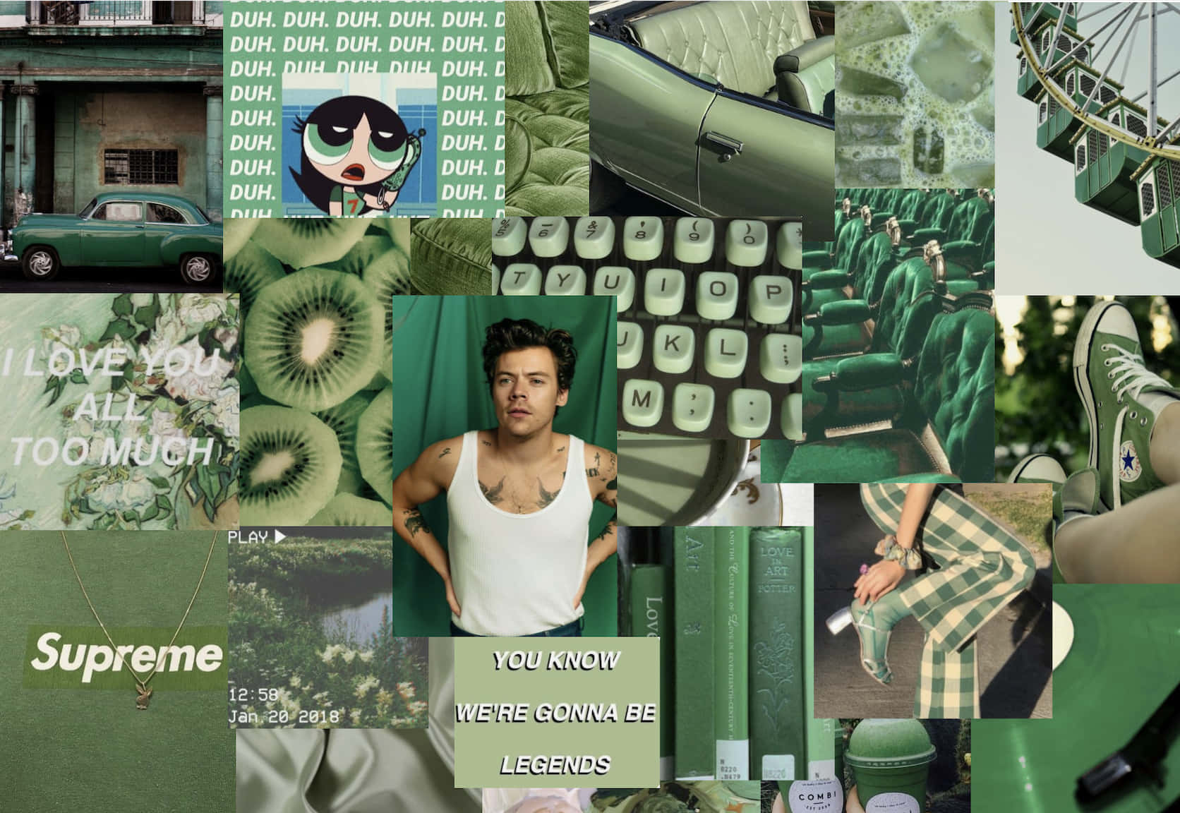 Vibrant Green Collage, Mother Nature's Palette, vintage car, HD Desktop Wallpaper