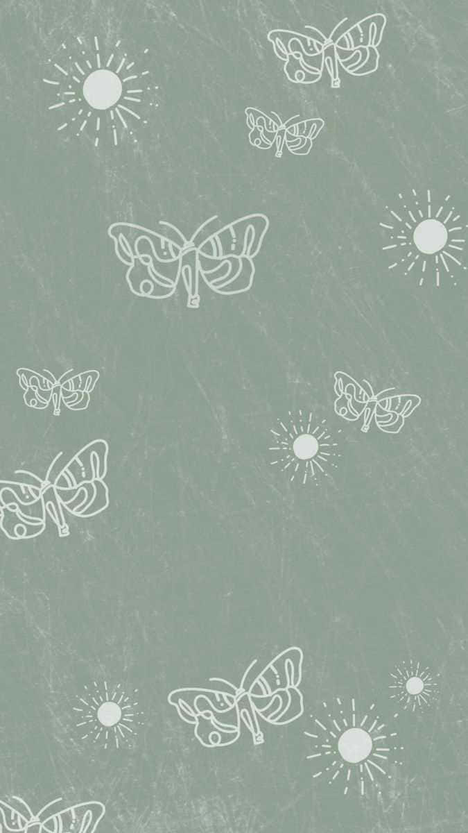 Green Collage, sage green, white line-drawn butterflies, SD Phone Wallpaper