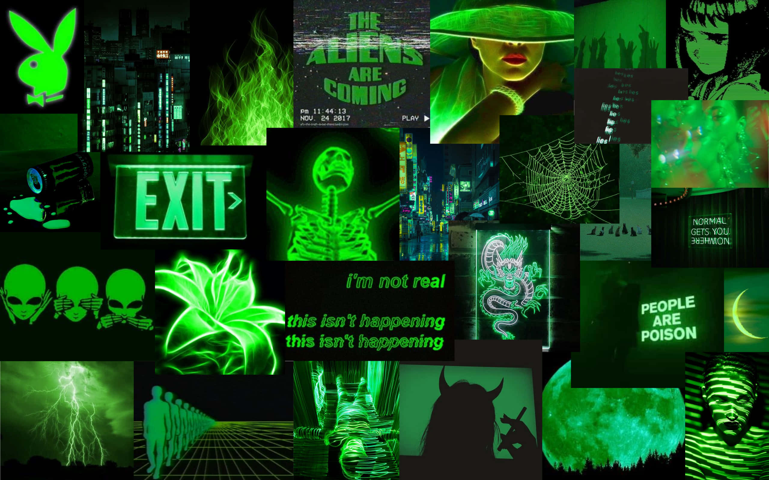 Green Collage, neon green, alien themes, 2K Desktop Wallpaper