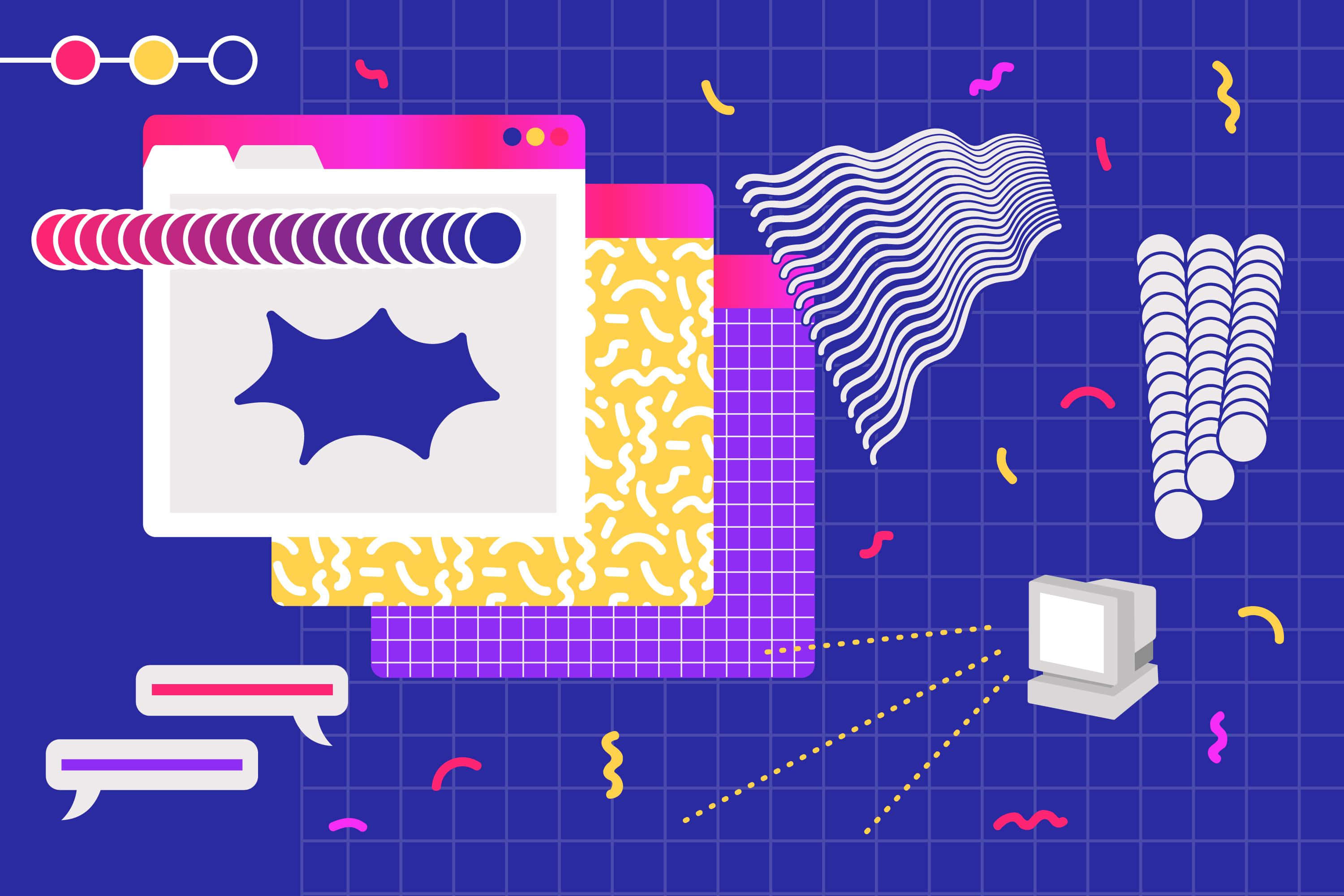 Cyber Y2 K Abstract Computer Design, neon patterns, blue grid background, 2K Desktop Wallpaper