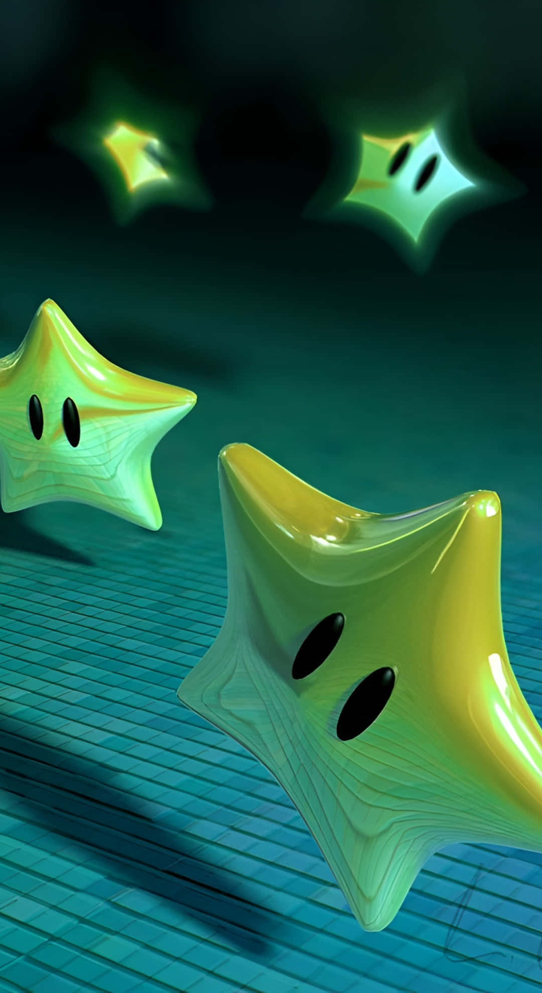 Cyber Green Star Y2k Aesthetic, glowing yellow star-shaped creatures, black eyes, Full HD Phone Wallpaper