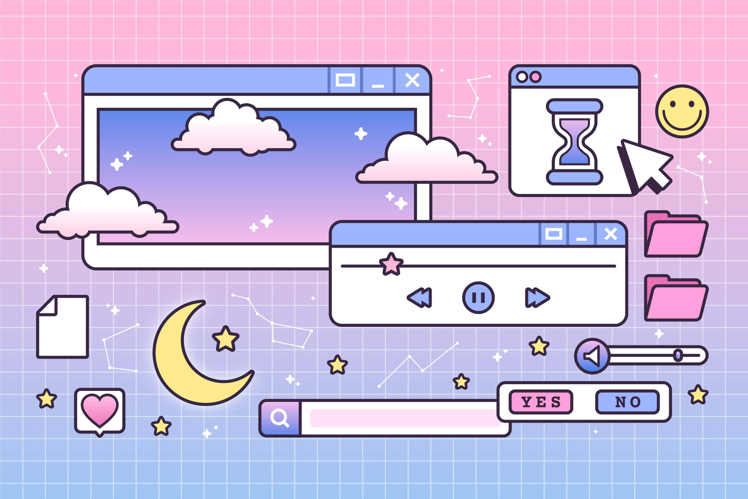 Pastel grid background, floating computer windows, clouds, 2K Desktop Wallpaper