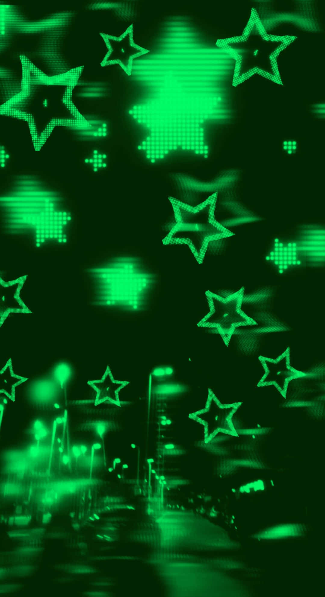 Cyber Green Star Overlay, green pixelated stars, blurred neon cityscape, Full HD Phone Wallpaper