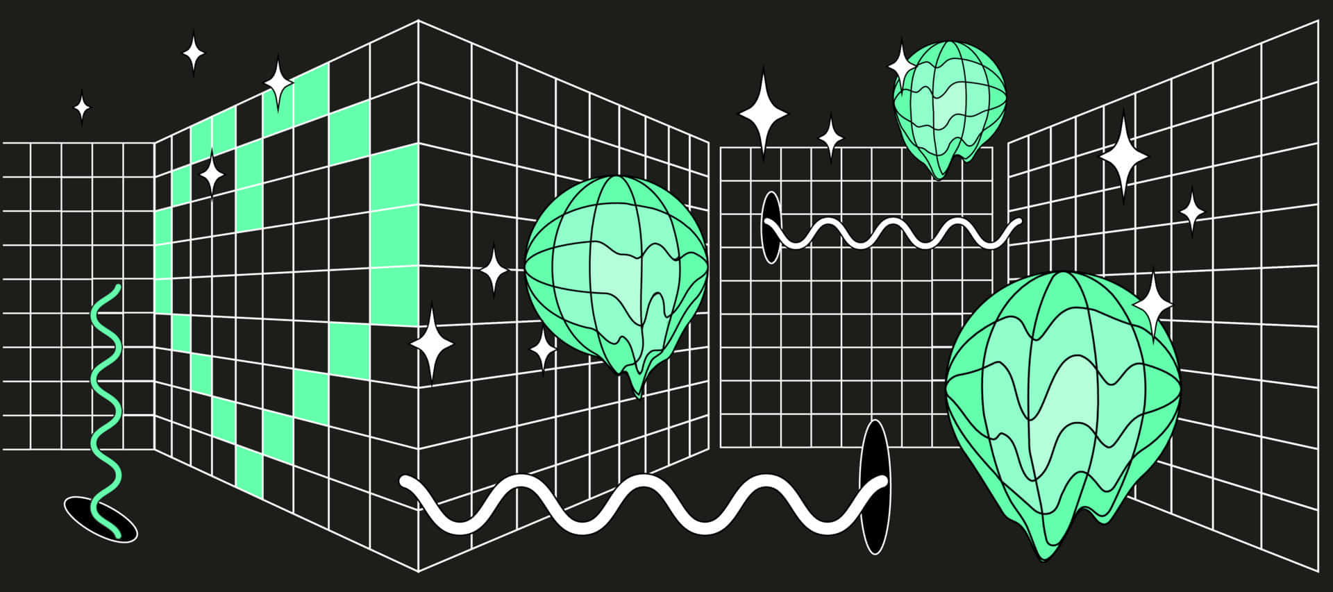 Green Neon Grid, glowing green geometric spheres, 3d grid space, Full HD Desktop Wallpaper