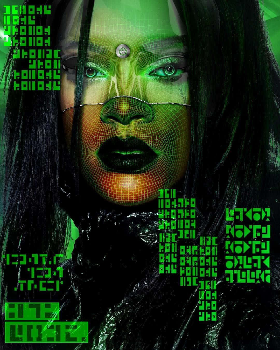 Cybernetic Vision Green Aesthetic, glowing green digital grid, floating abstract text, HD Phone Wallpaper
