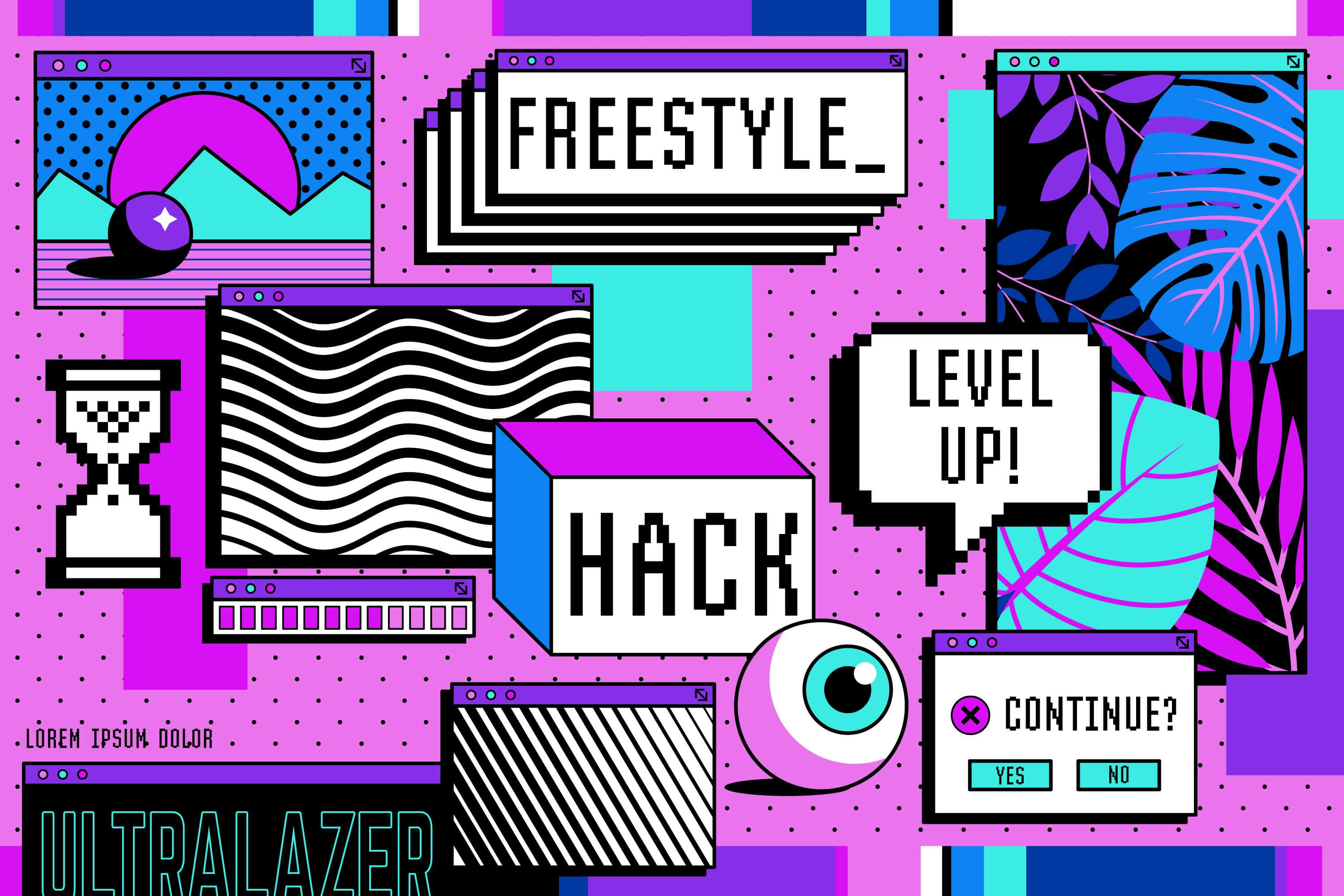 Cyber Y2 K Aesthetic Collage, neon purple, teal, 2K Desktop Wallpaper