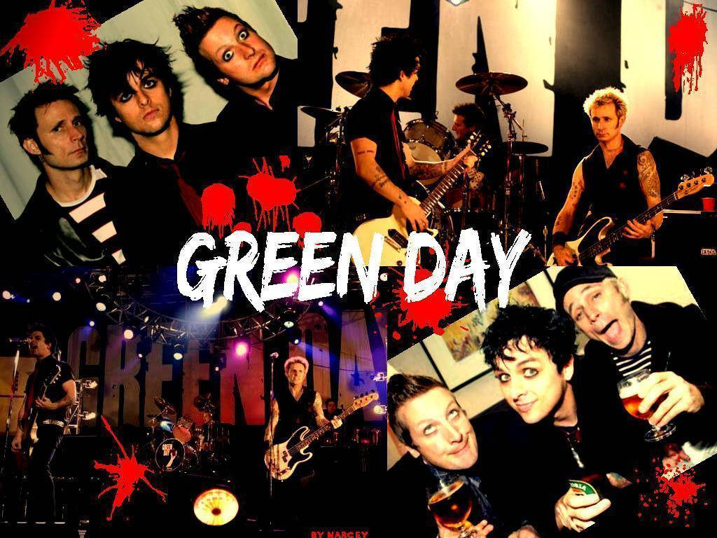 Green Day, stage lights, red splatter graphics, SD Desktop Wallpaper