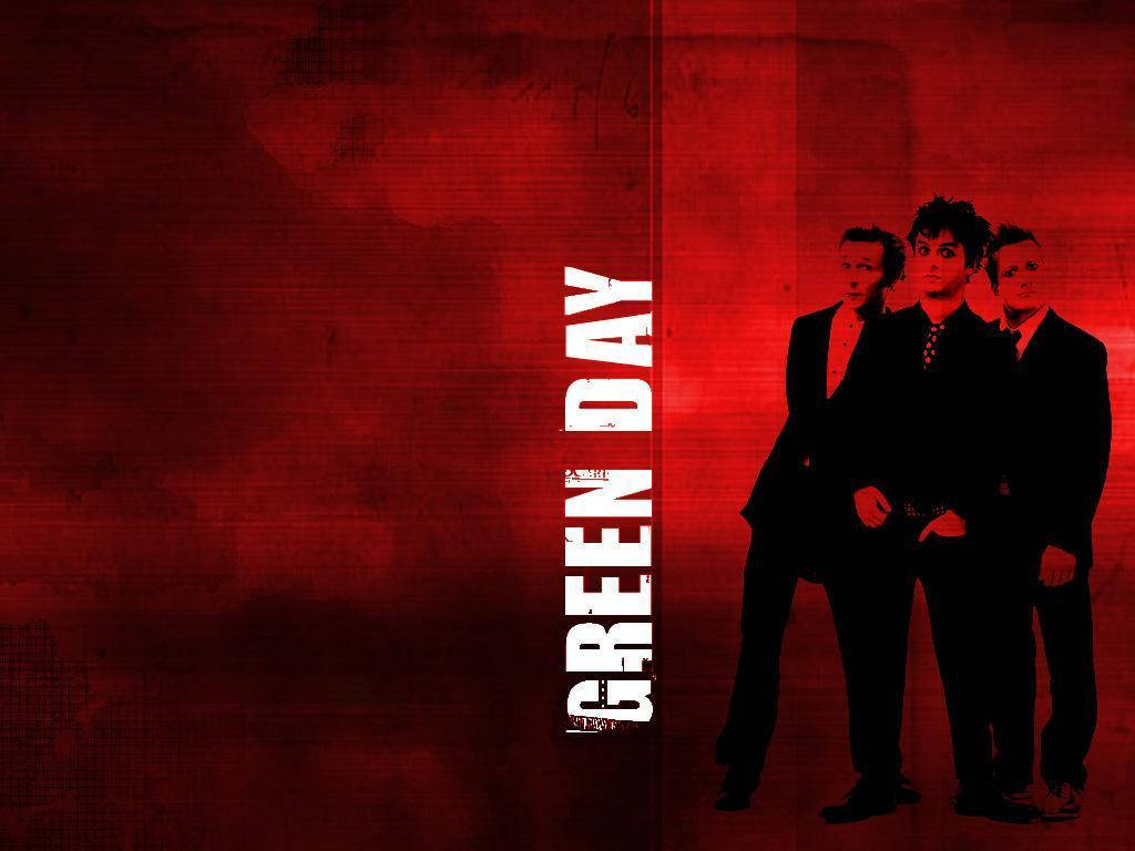 Green Day, red background, dark suits, SD Desktop Wallpaper