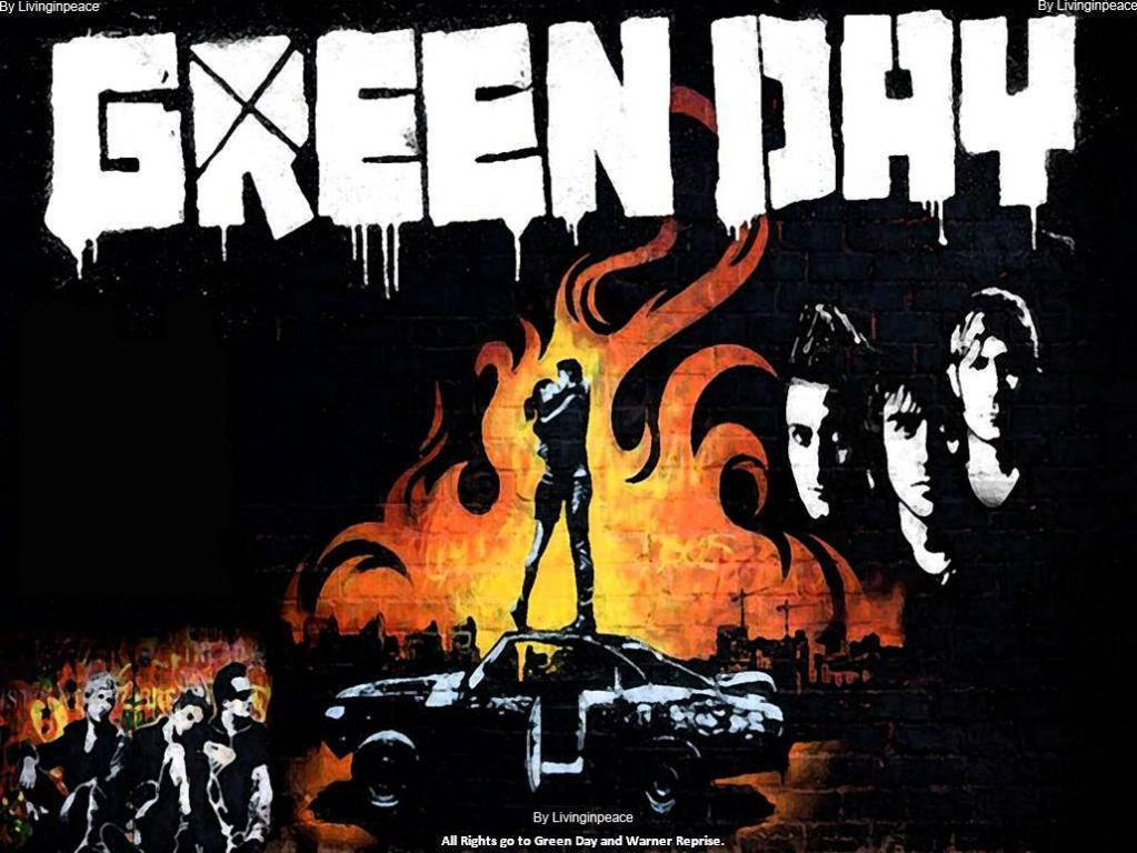Green Day, fiery orange flames, figure standing on a car, SD Desktop Wallpaper