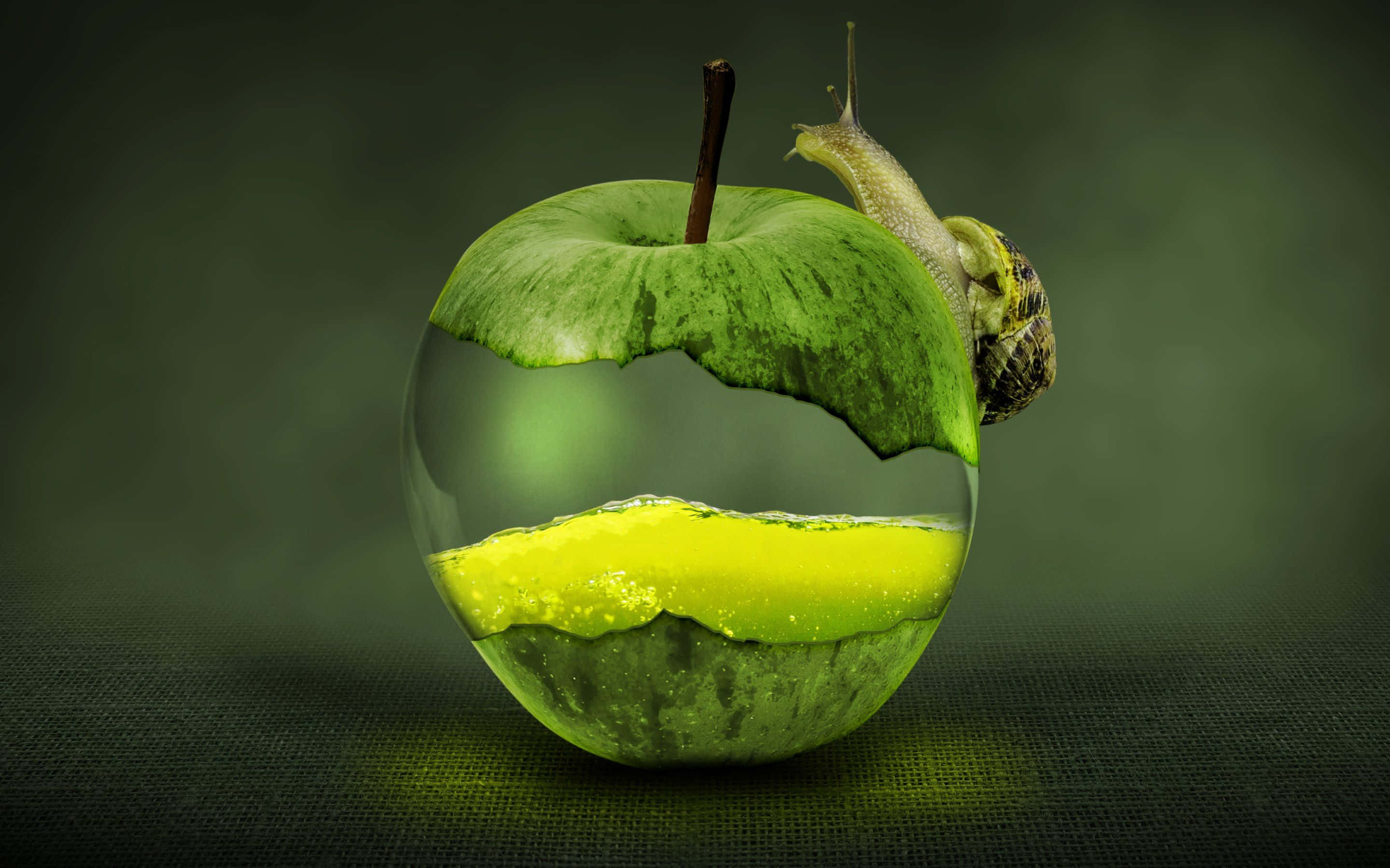 green desktop, translucent green apple, vibrant yellow core, 2K Desktop Wallpaper