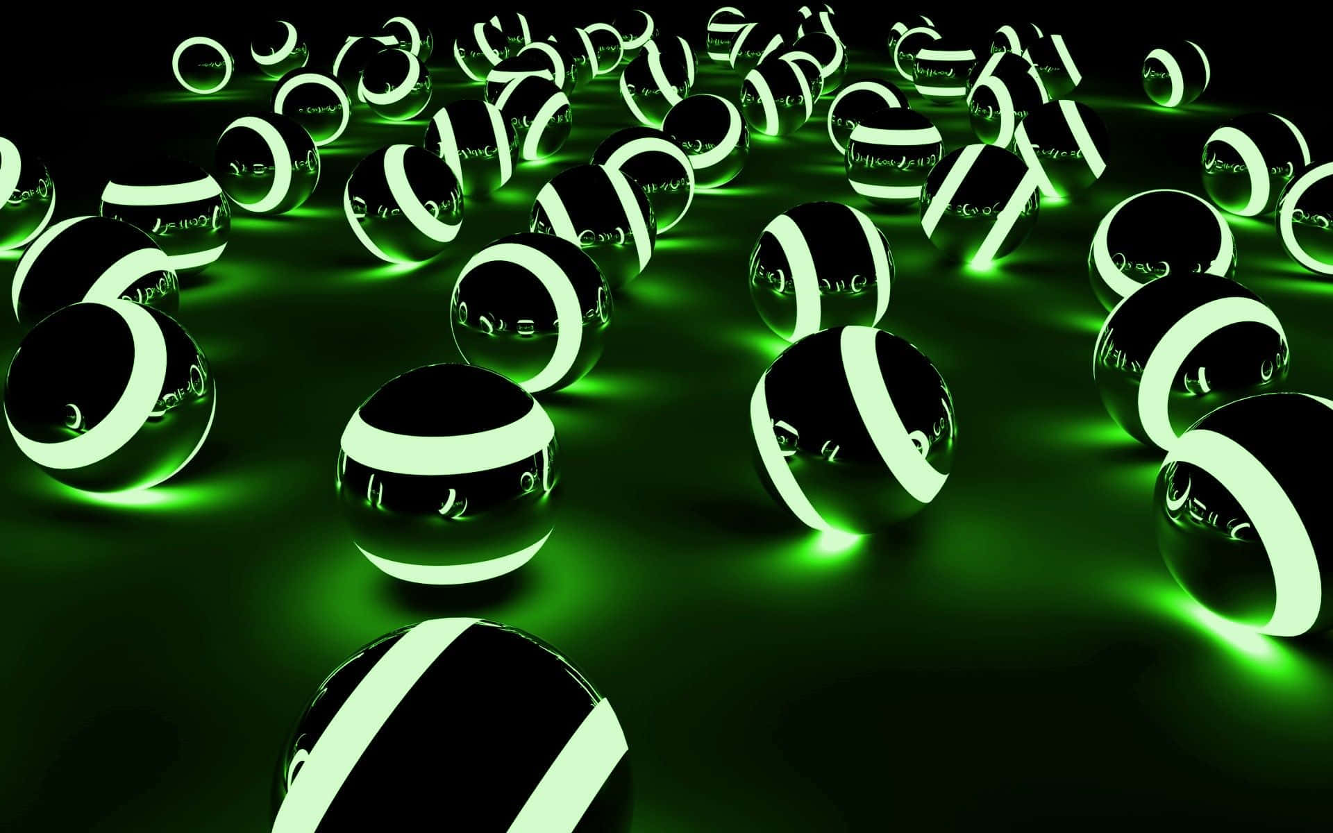 green glowing balls, dark digital space, neon reflections, Full HD Desktop Wallpaper