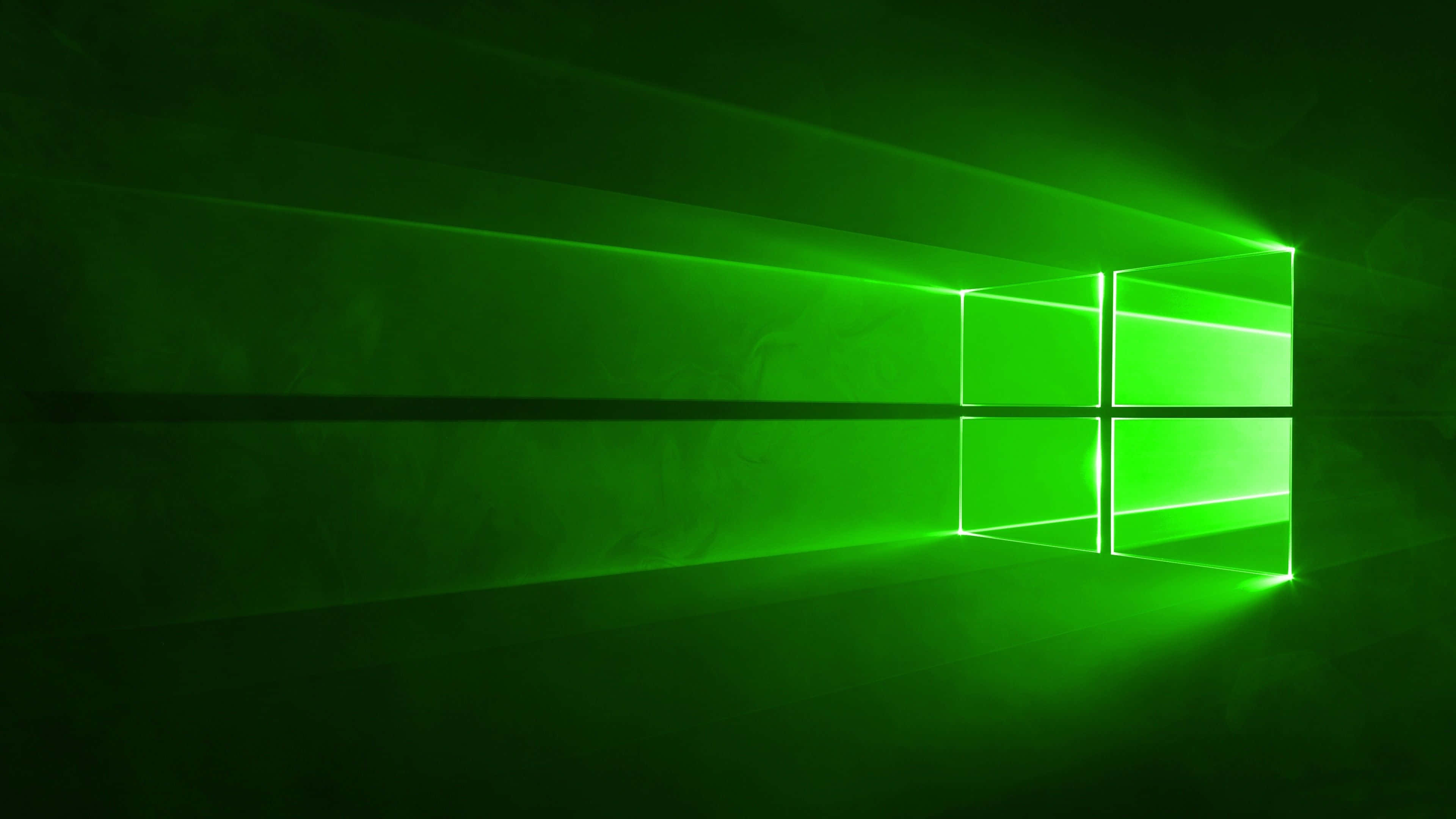 glowing green window logo, dark room, beams casting across the walls, 4K Desktop Wallpaper