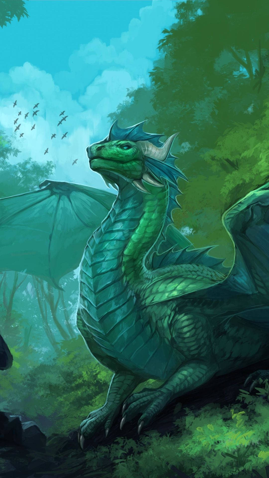 Green Dragon, forest, blue accents, Full HD Phone Wallpaper