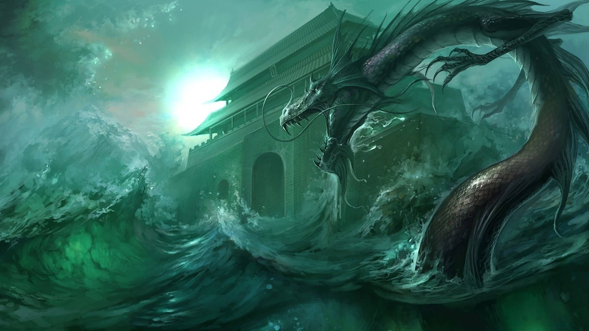 Green Dragon, churning green waves, ancient stone gate, Full HD Desktop Wallpaper