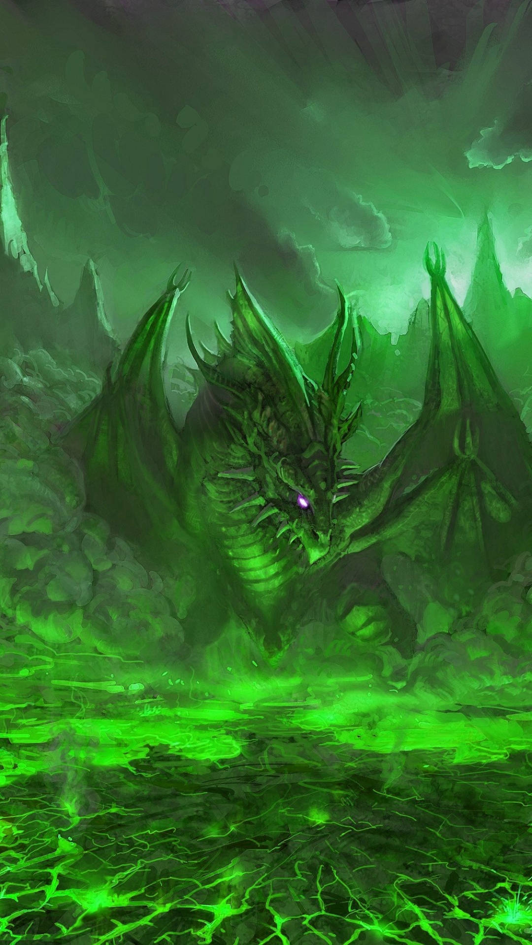 Green Dragon, glowing purple eyes, glowing green lava-filled chasm, Full HD Phone Wallpaper