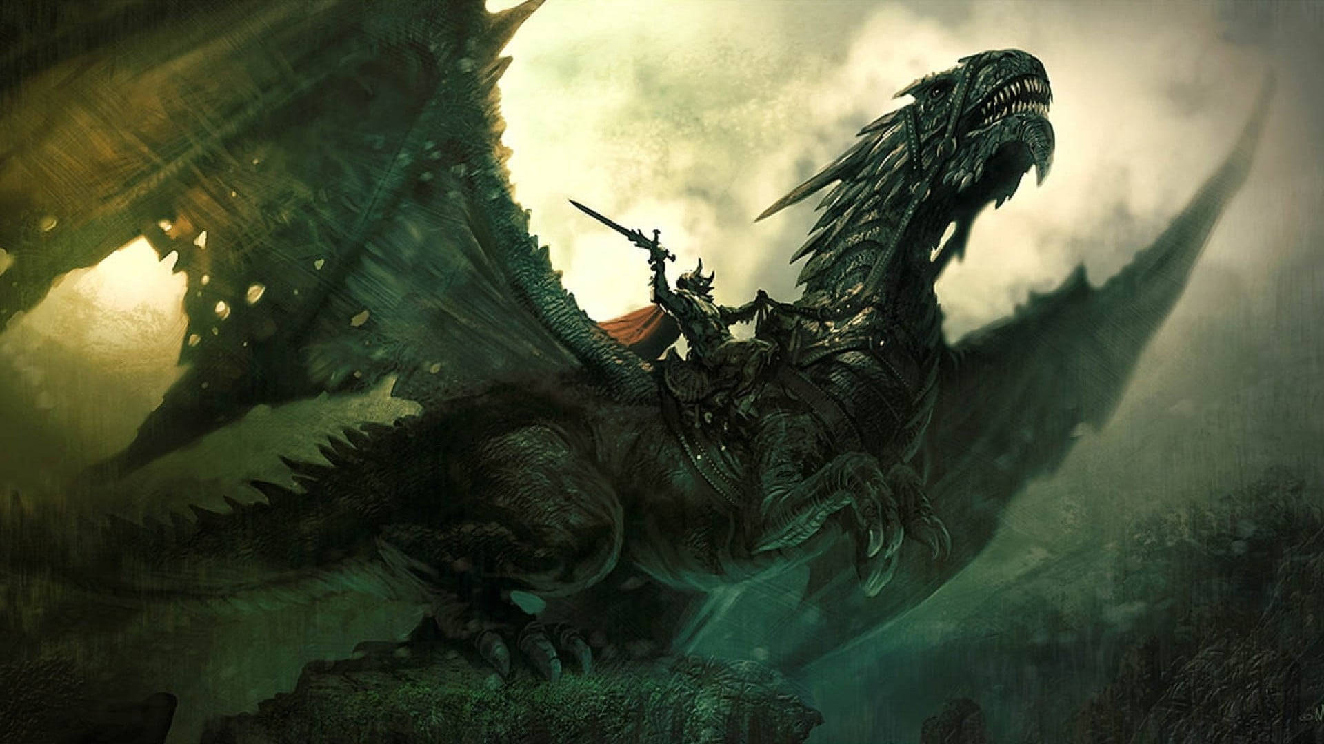 knight, green dragon, stormy sky, Full HD Desktop Wallpaper