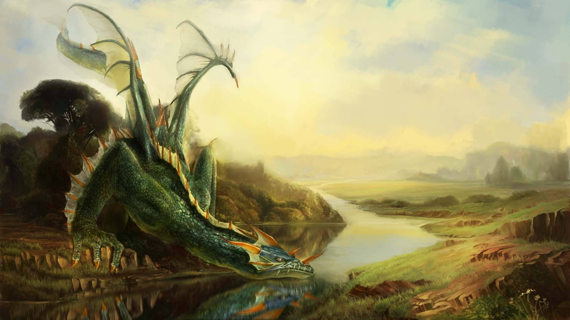 Green Dragon, translucent wings, winding river, Full HD Desktop Wallpaper