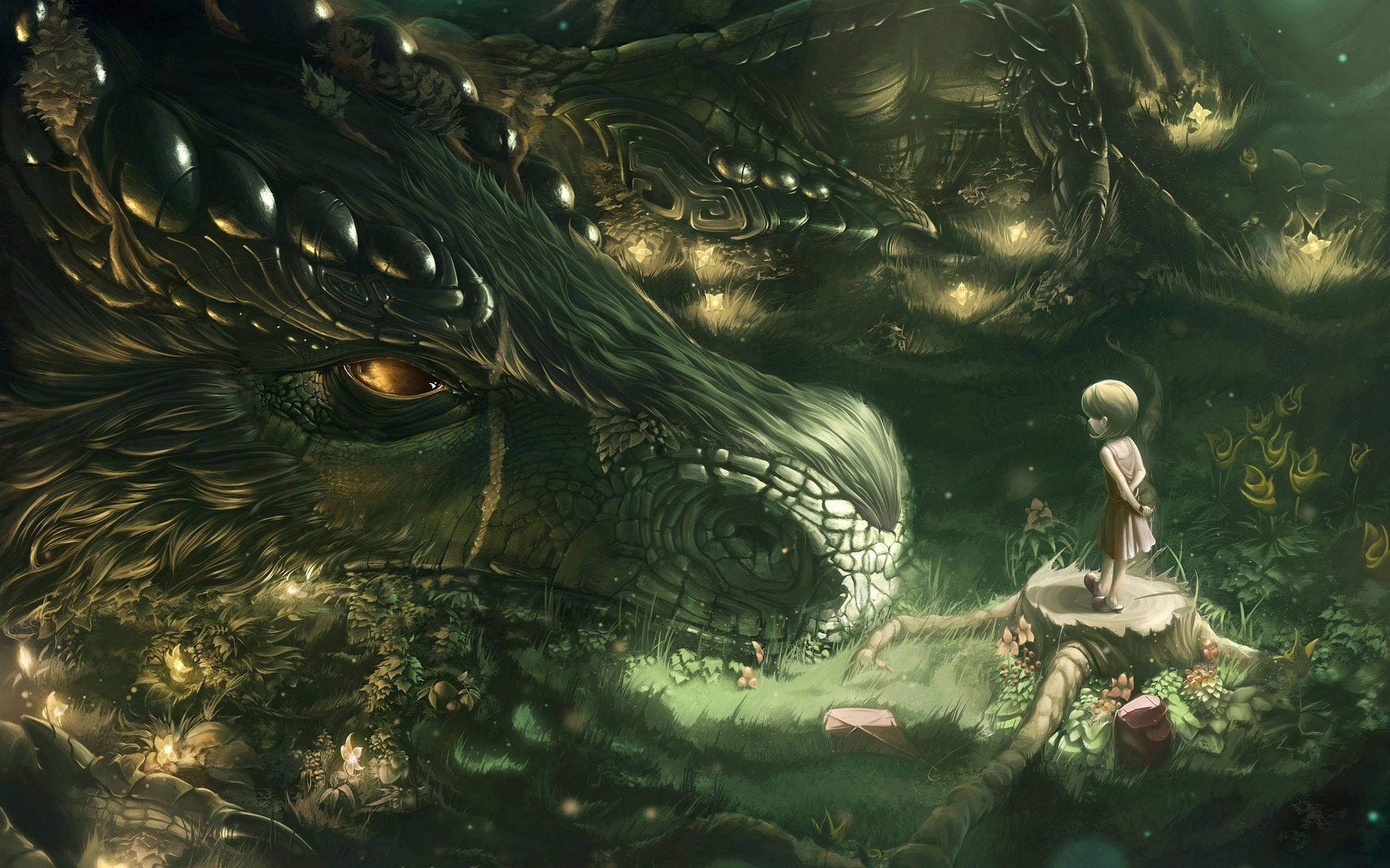 Green Dragon, child, mossy stump, 2K Desktop Wallpaper