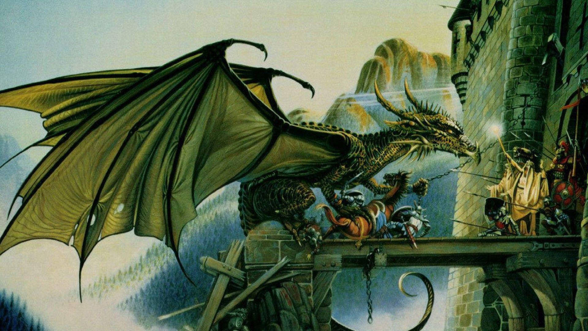 Green Dragon, drawbridge, stone castle, Full HD Desktop Wallpaper