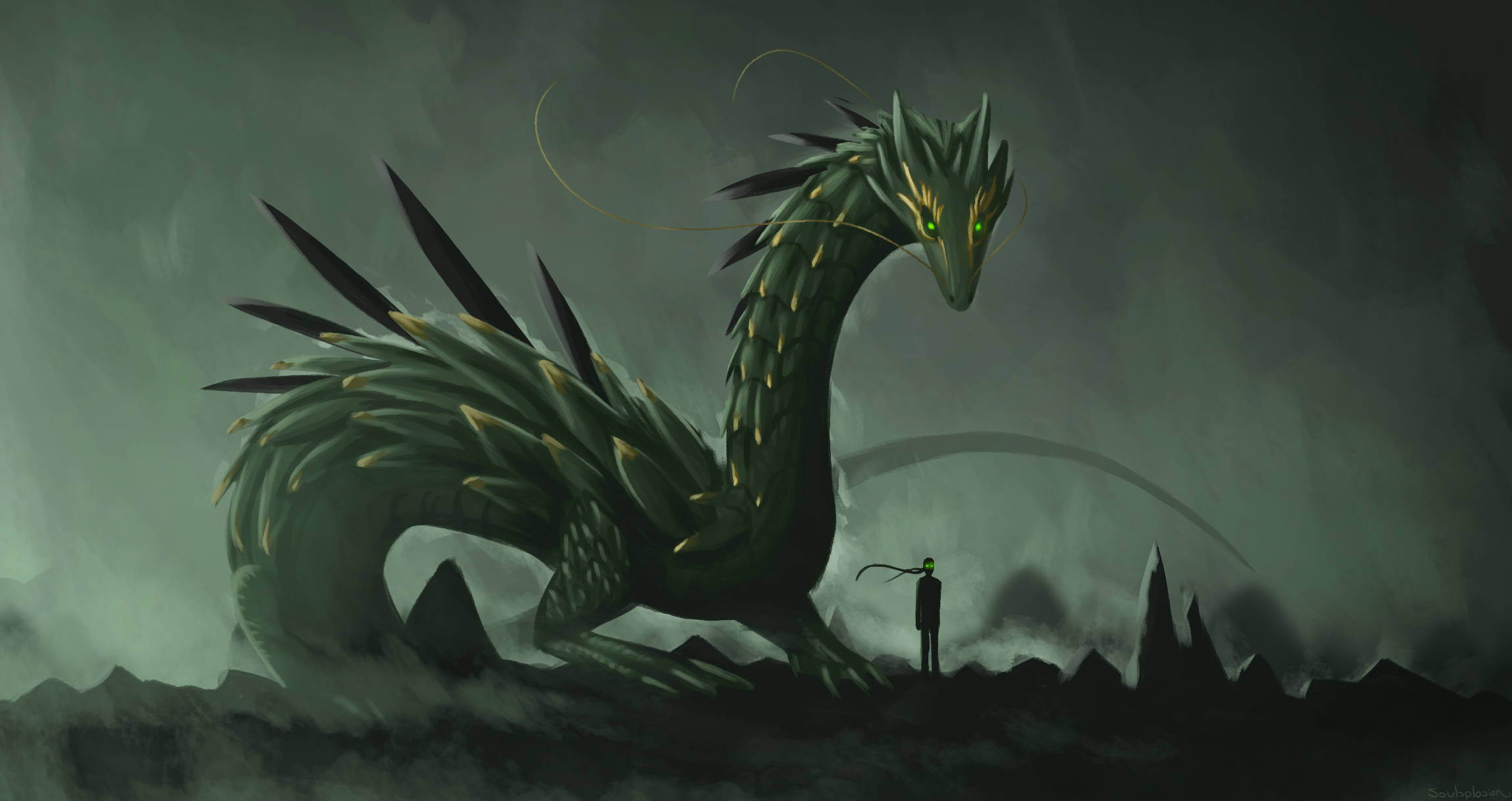 Green Dragon, glowing eyes, misty mountainous landscape, Full HD Desktop Wallpaper