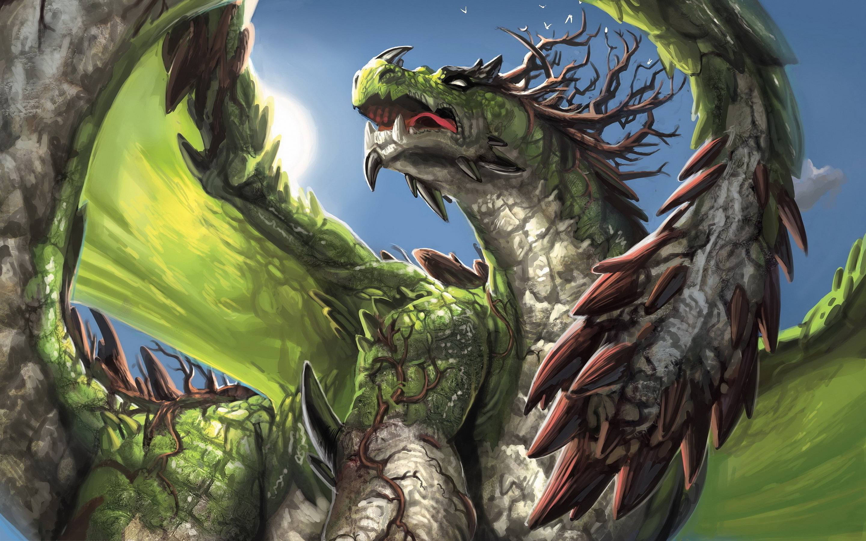Green Dragon, vine-like scales, spiked wings, 2K Desktop Wallpaper